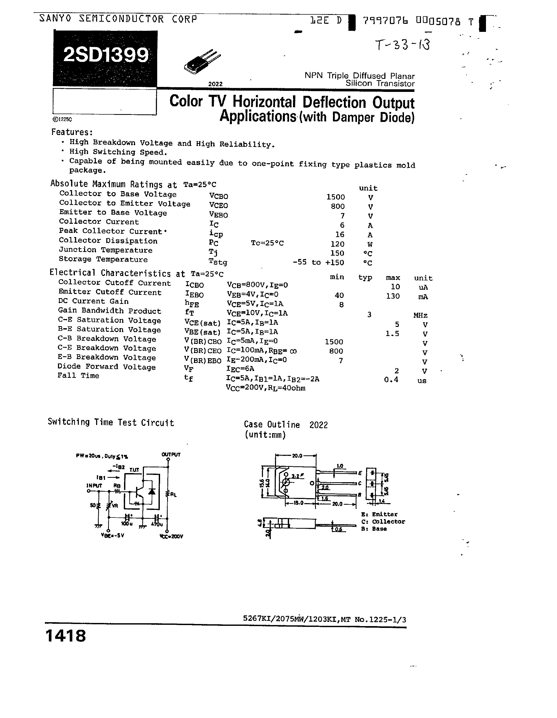 Datasheet 2SD1399 page 1 Datasheet 2SD1399 - Color TV Horizontal Deflection Output Applications page 1