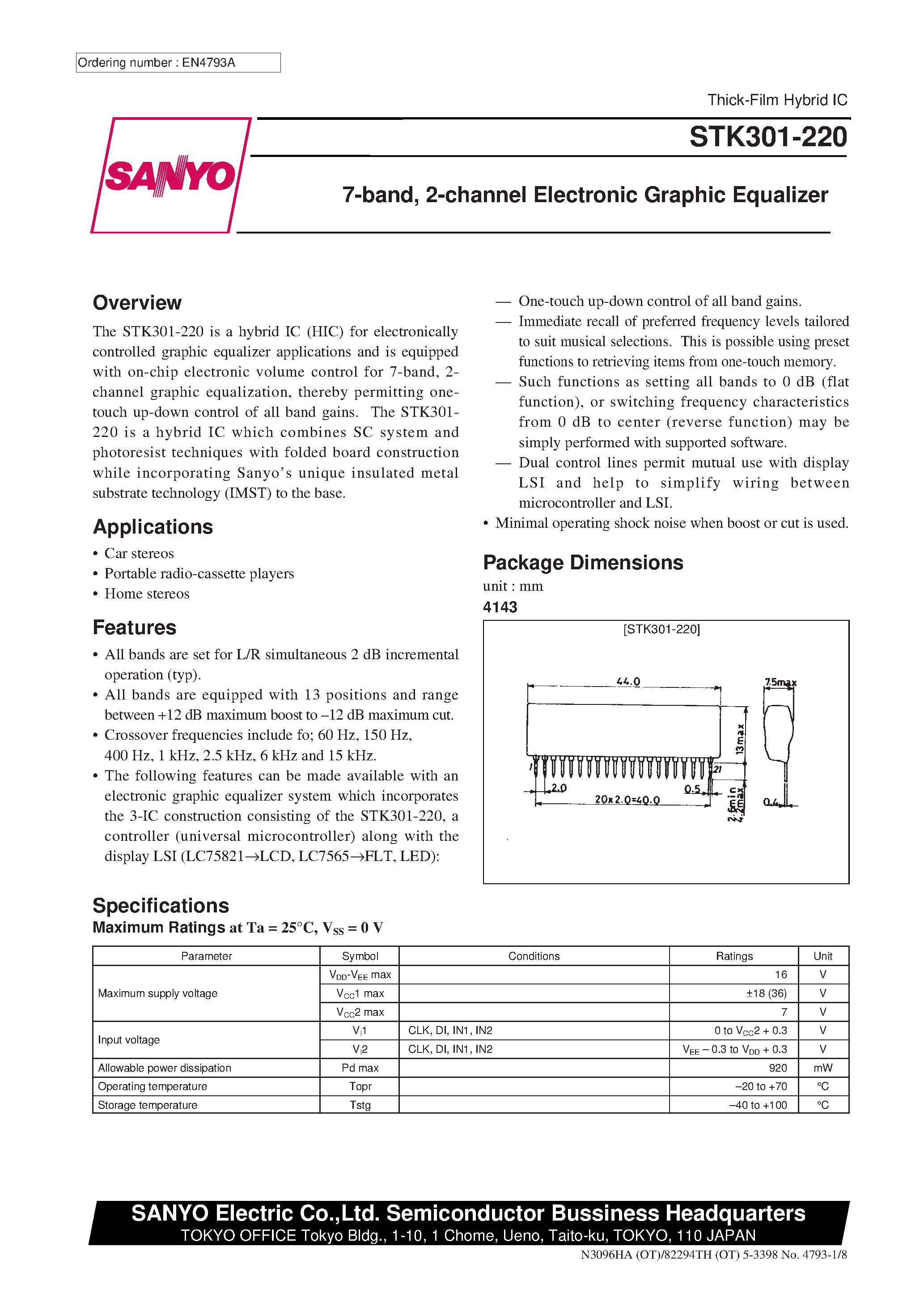 Datasheet STK301-220 - 7-Band / 2-Channel Electronic Graphic Equalizer page 1