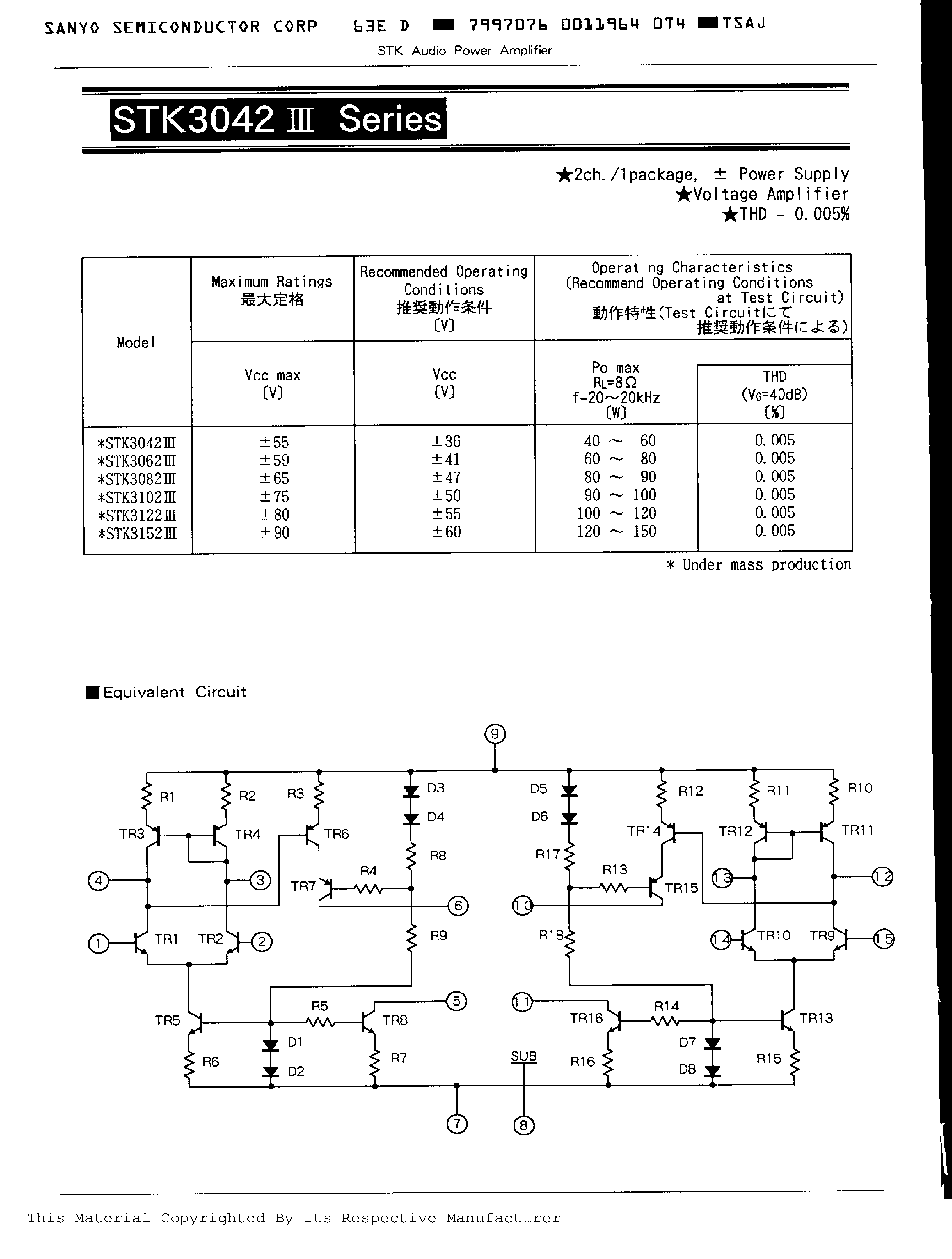 Datasheet STK3062 page 1 Datasheet STK3062 - AUDIO POWER AMPLIFIER page 1