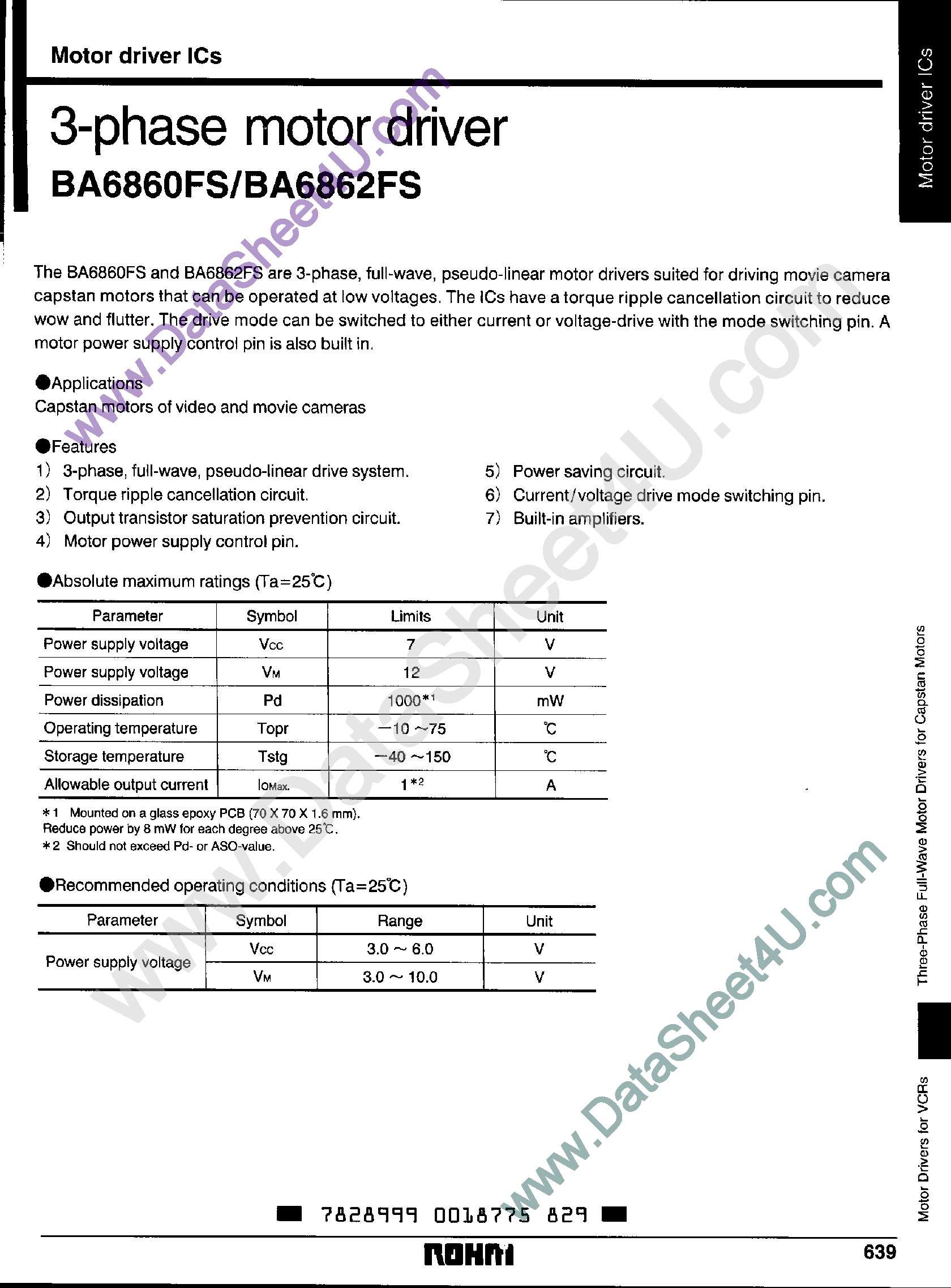 Datasheet BA6860 page 1 Datasheet BA6860 - 3 Phase Motor Driver page 1