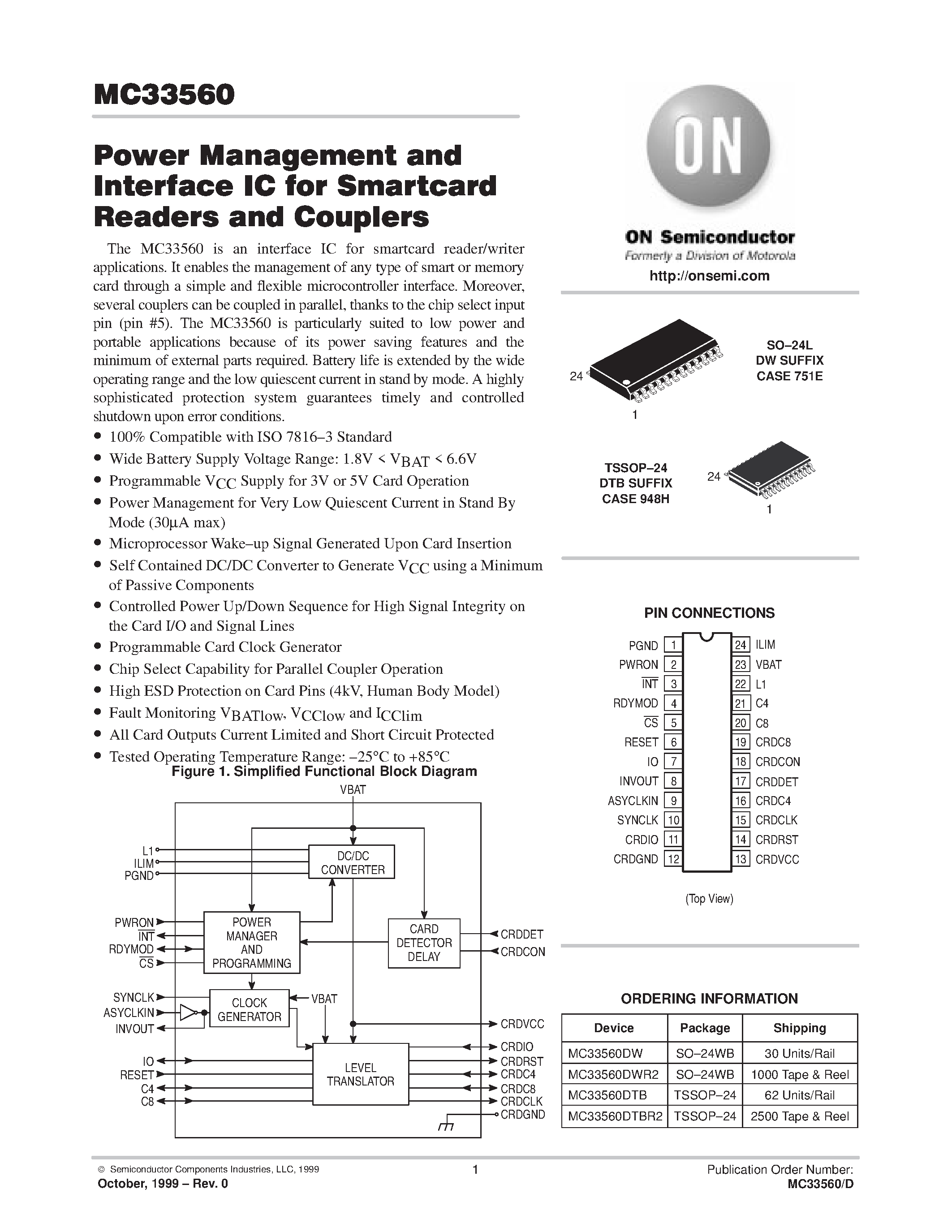 Datasheet MC33560 page 1 Datasheet MC33560 - Power Management and Interface IC for Smartcard Readers and Couplers page 1