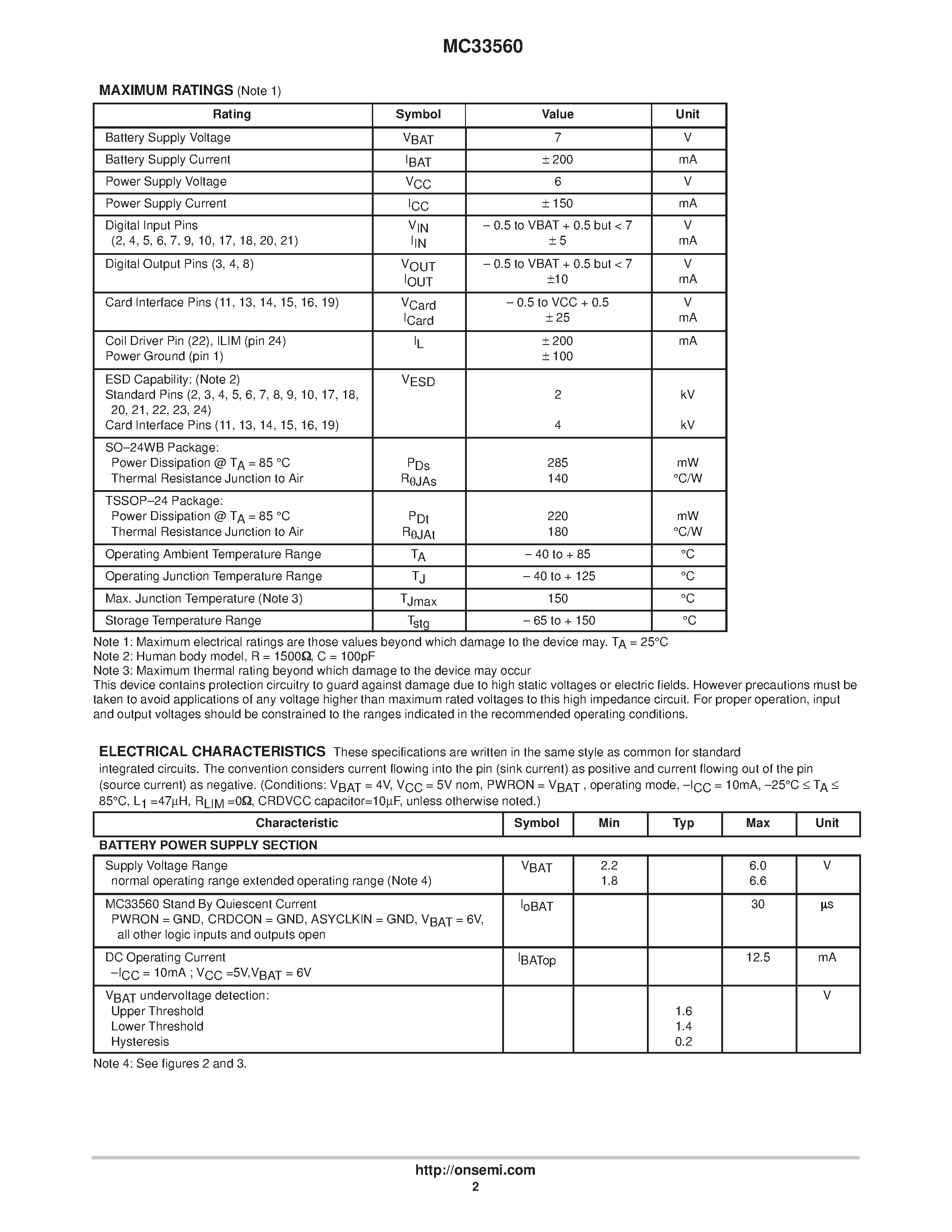 Datasheet MC33560 page 2 Datasheet MC33560 - Power Management and Interface IC for Smartcard Readers and Couplers page 2