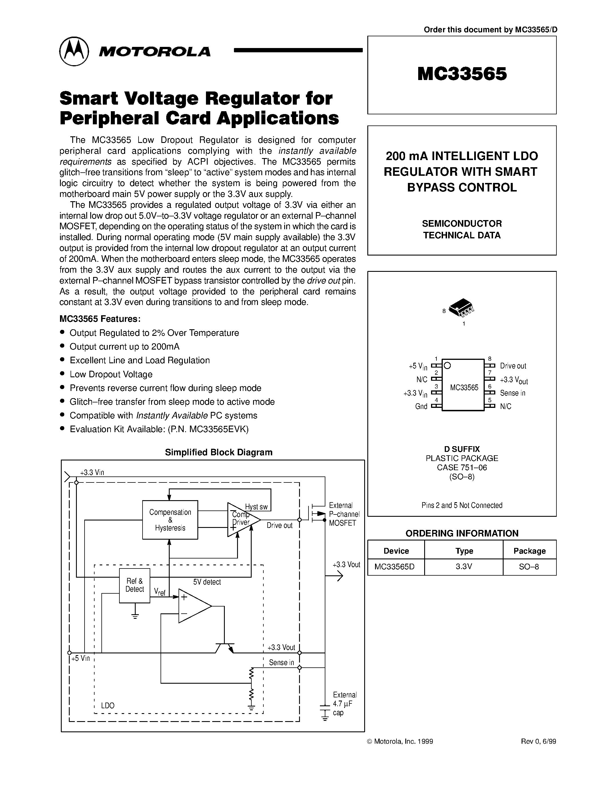 Datasheet MC33565 page 1 Datasheet MC33565 - 200 mA INTELLIGENT LDO REGULATOR WITH SMART BYPASS CONTROL page 1