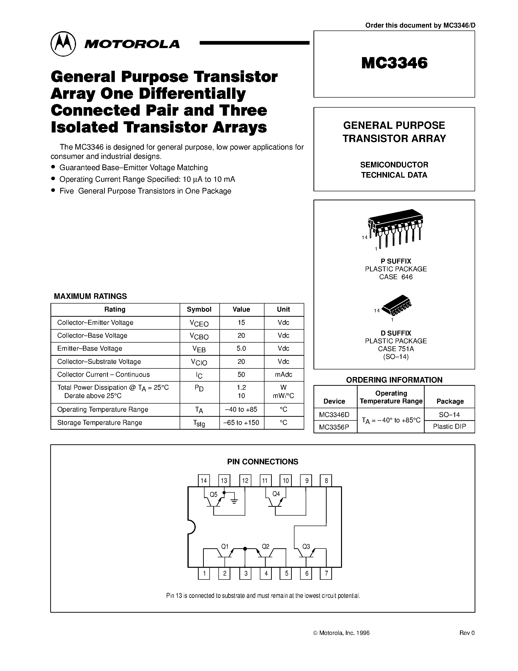 Datasheet MC3346 page 1 Datasheet MC3346 - WIDEBAND FSK RECEIVER page 1