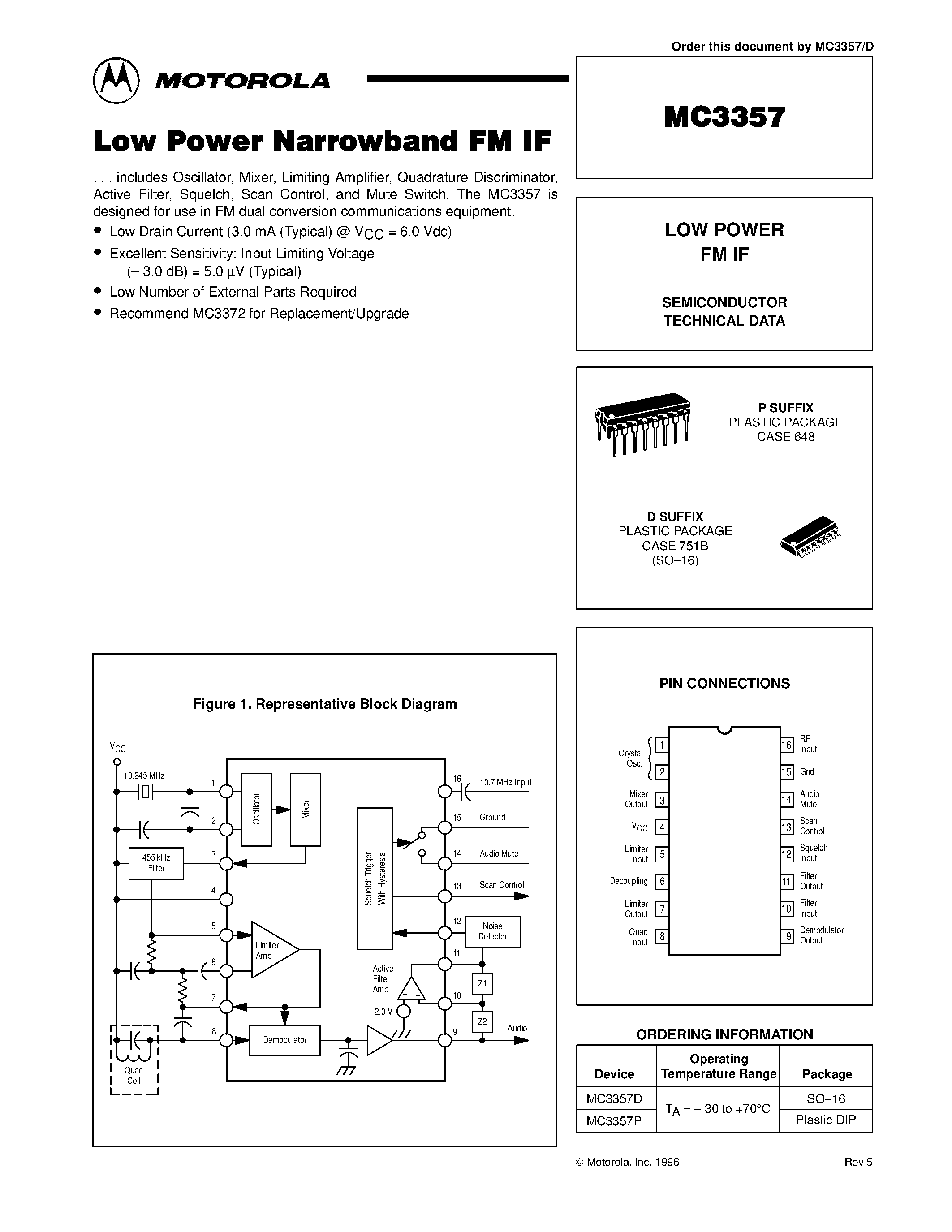 Datasheet MC3357 page 1 Datasheet MC3357 - LOW POWER FM IF page 1