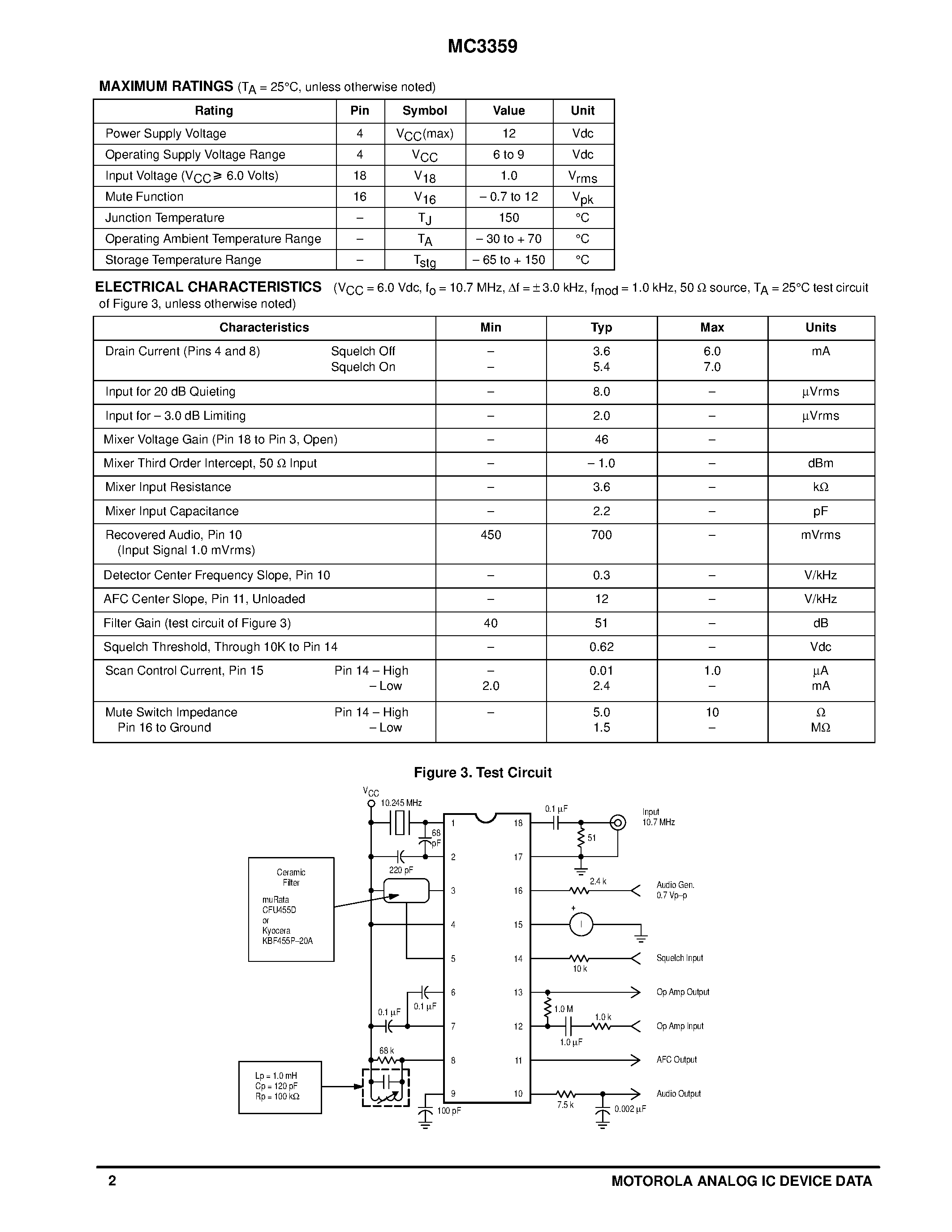 Datasheet MC3359 - HIGH GAIN LOW POWER FM IF page 2