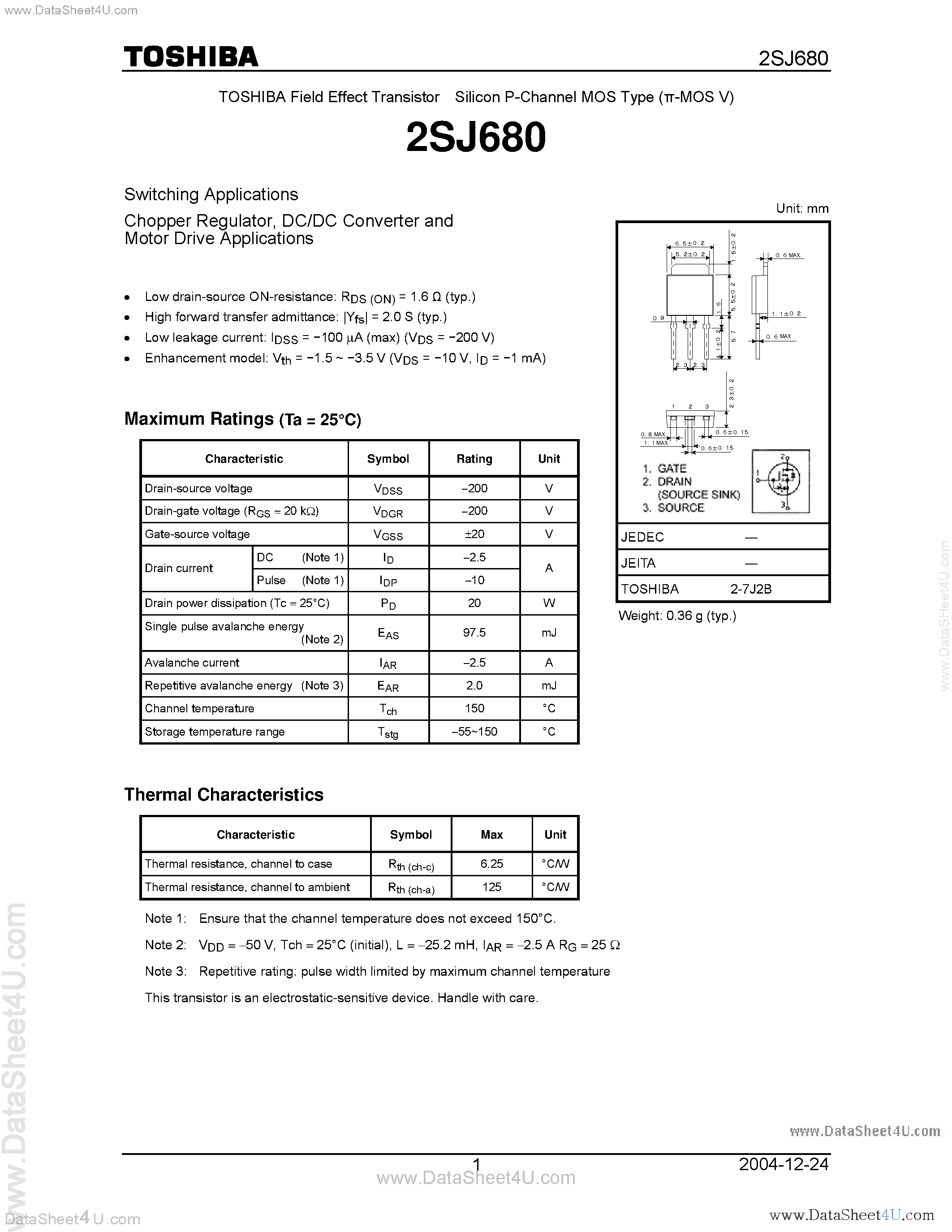 Datasheet 2SJ680 page 1 Datasheet 2SJ680 - Field Effect Transistor / Silicon P-Channel MOS Type page 1