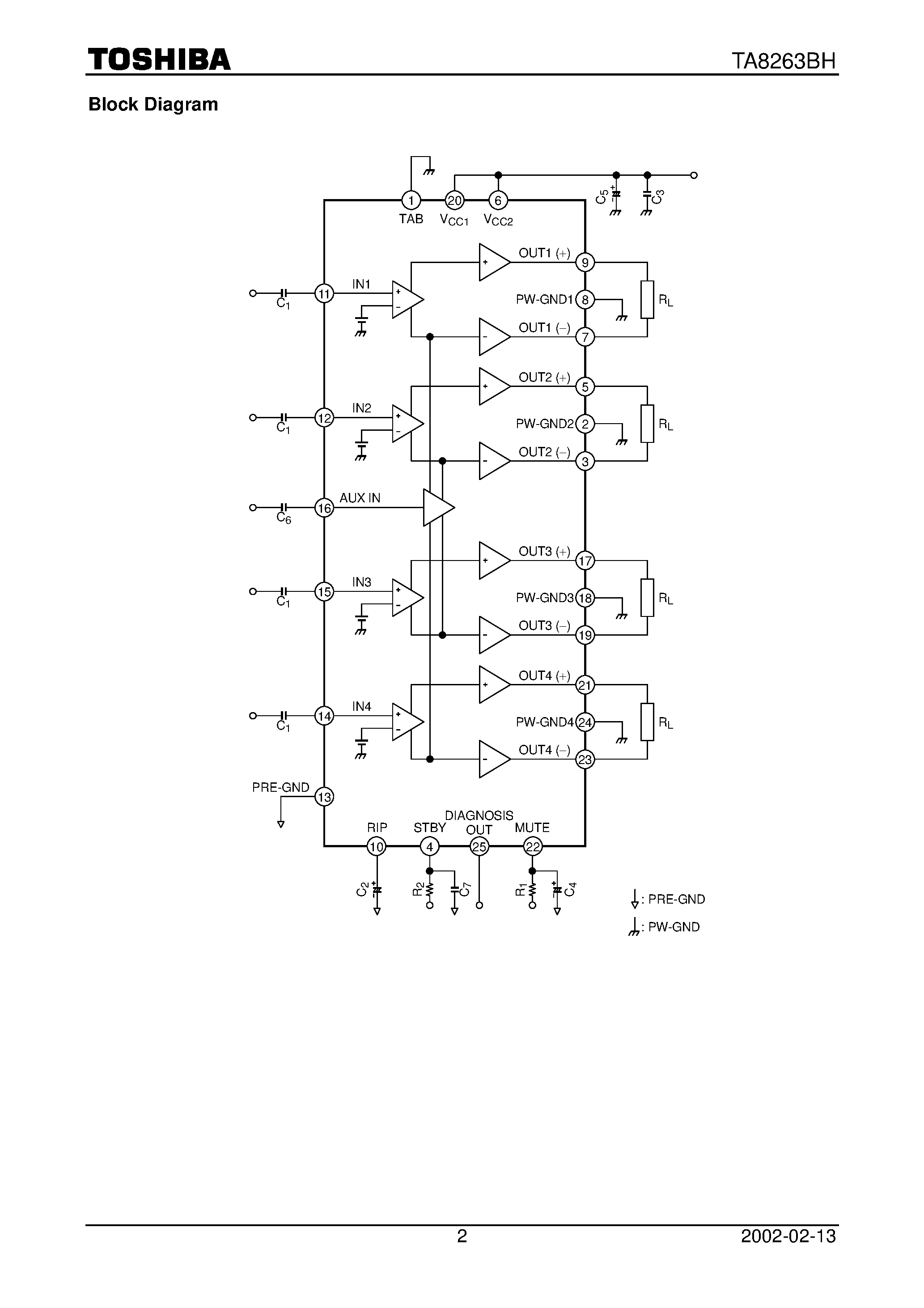 Datasheet TA8263BH page 2 Datasheet TA8263BH - Max Power 43 W BTL x 4 ch Audio Power IC page 2