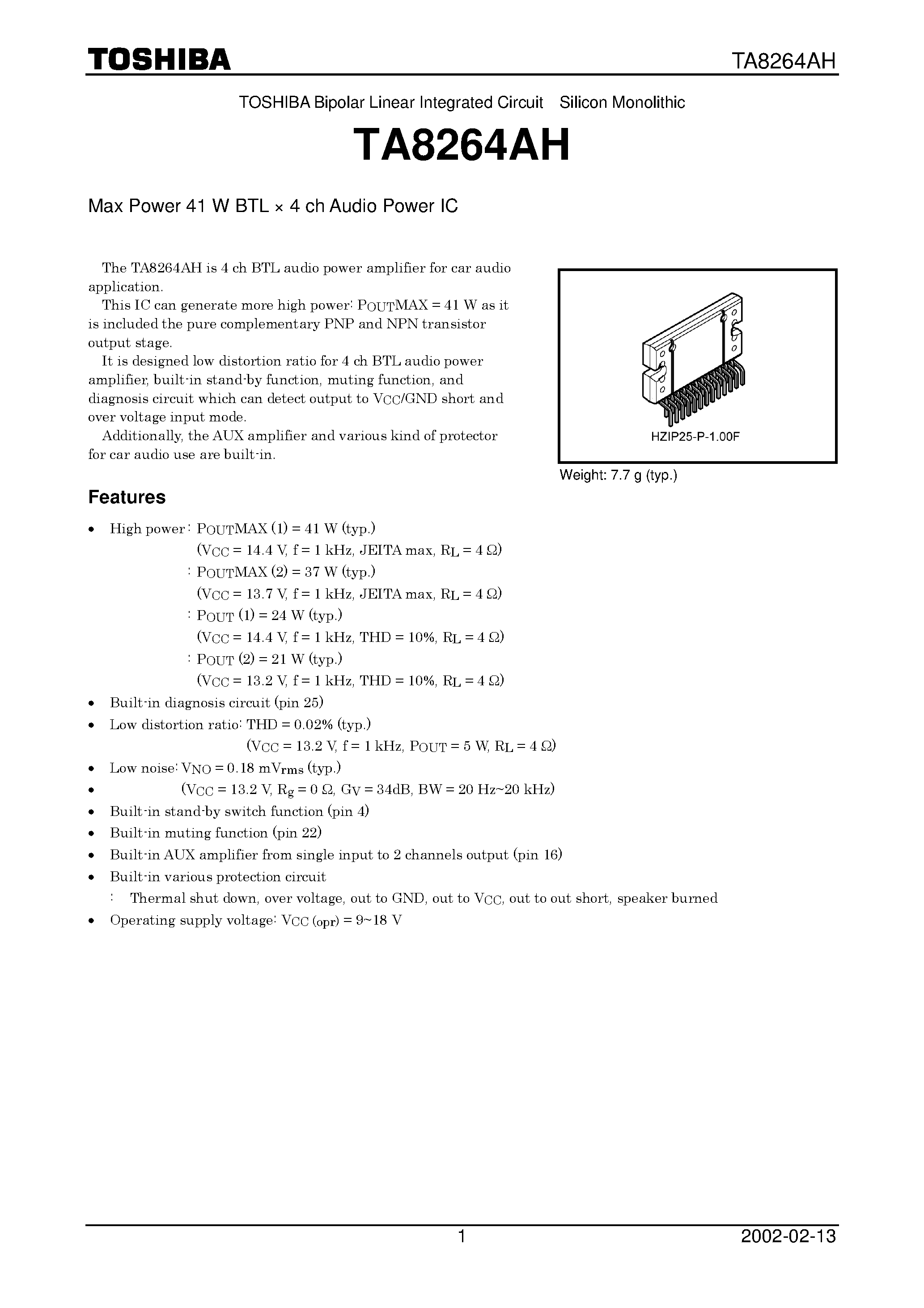 Datasheet TA8264AH - Max Power 41 W BTL x 4 ch Audio Power IC page 1