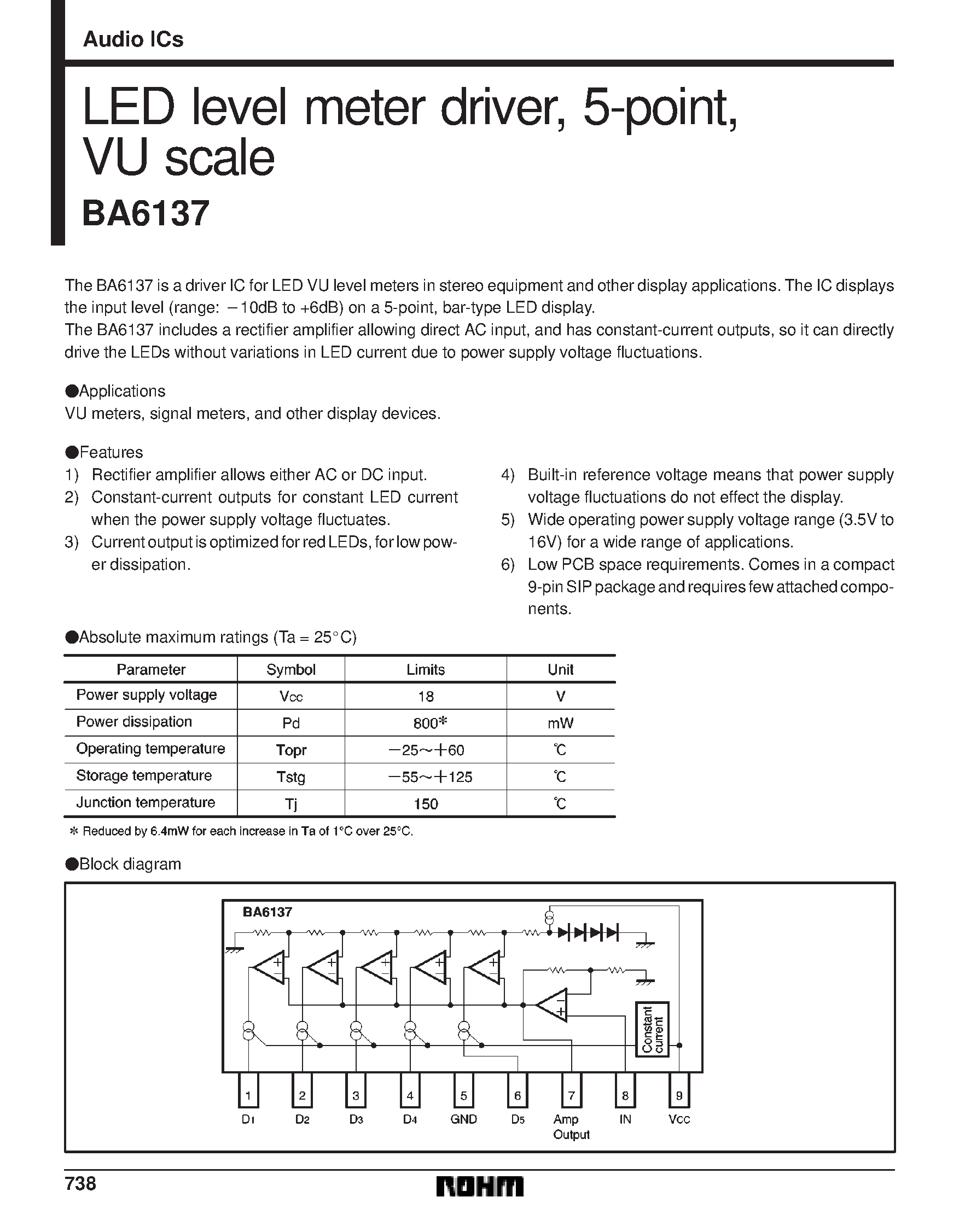 Datasheet BA6137 - LED Level Meter Driver / 5 Point VU Scale page 1