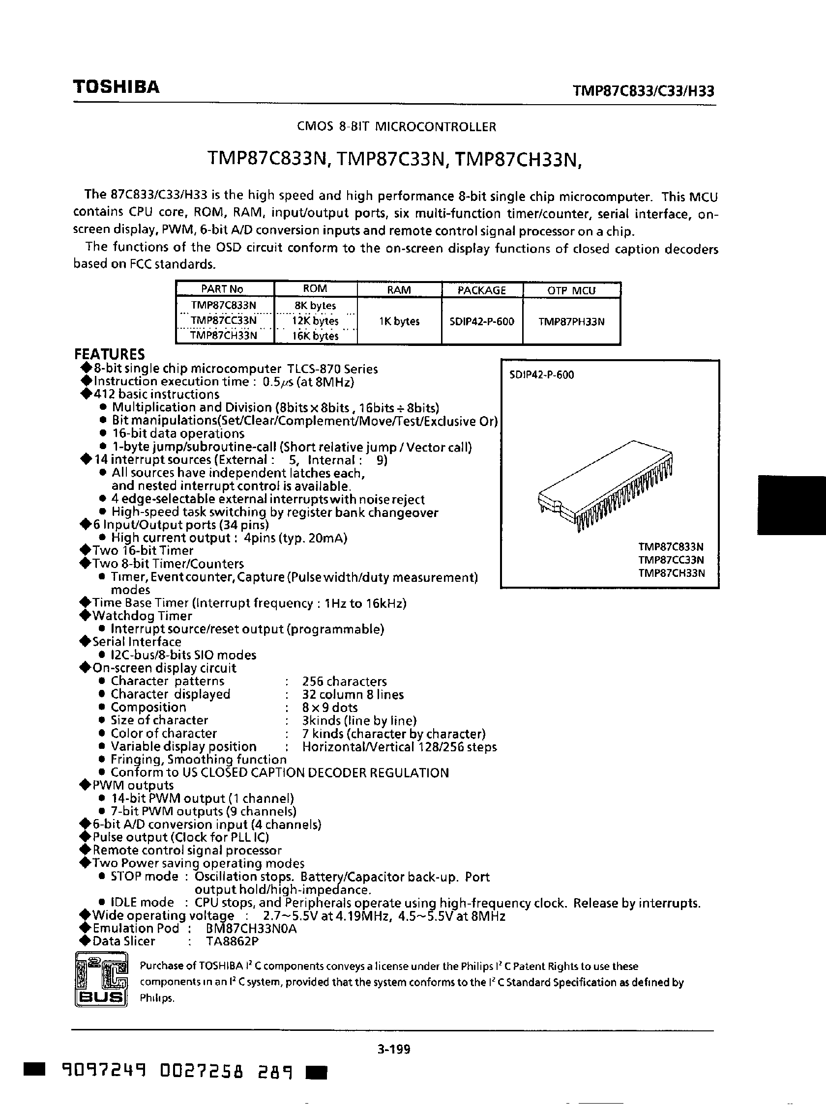 Datasheet TMP87CH33N - CMOS 8-bit microcontroller / 16K bytes ROM / 1K bytes RAM page 1