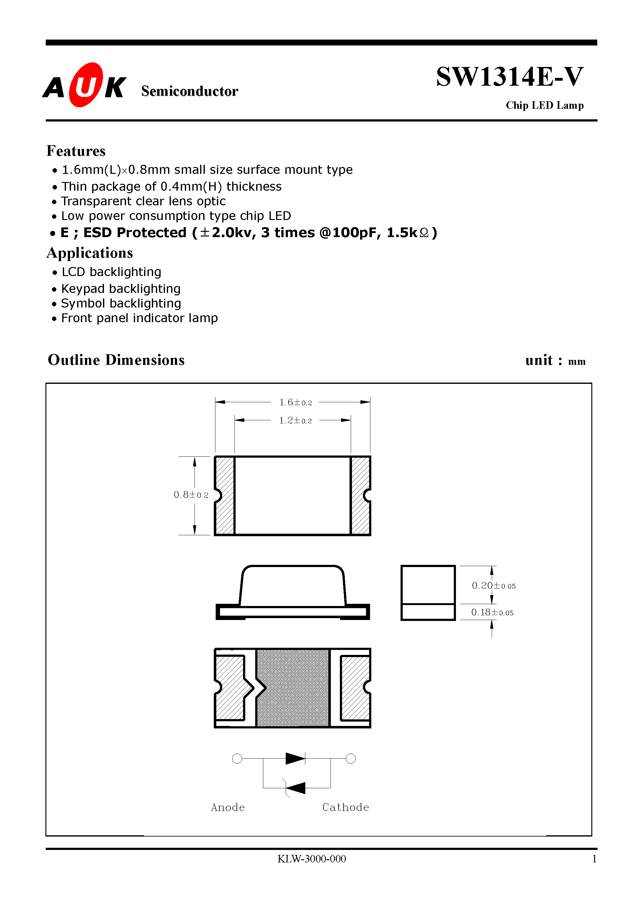 Datasheet SW1314E-V - Chip LED Lamp page 1