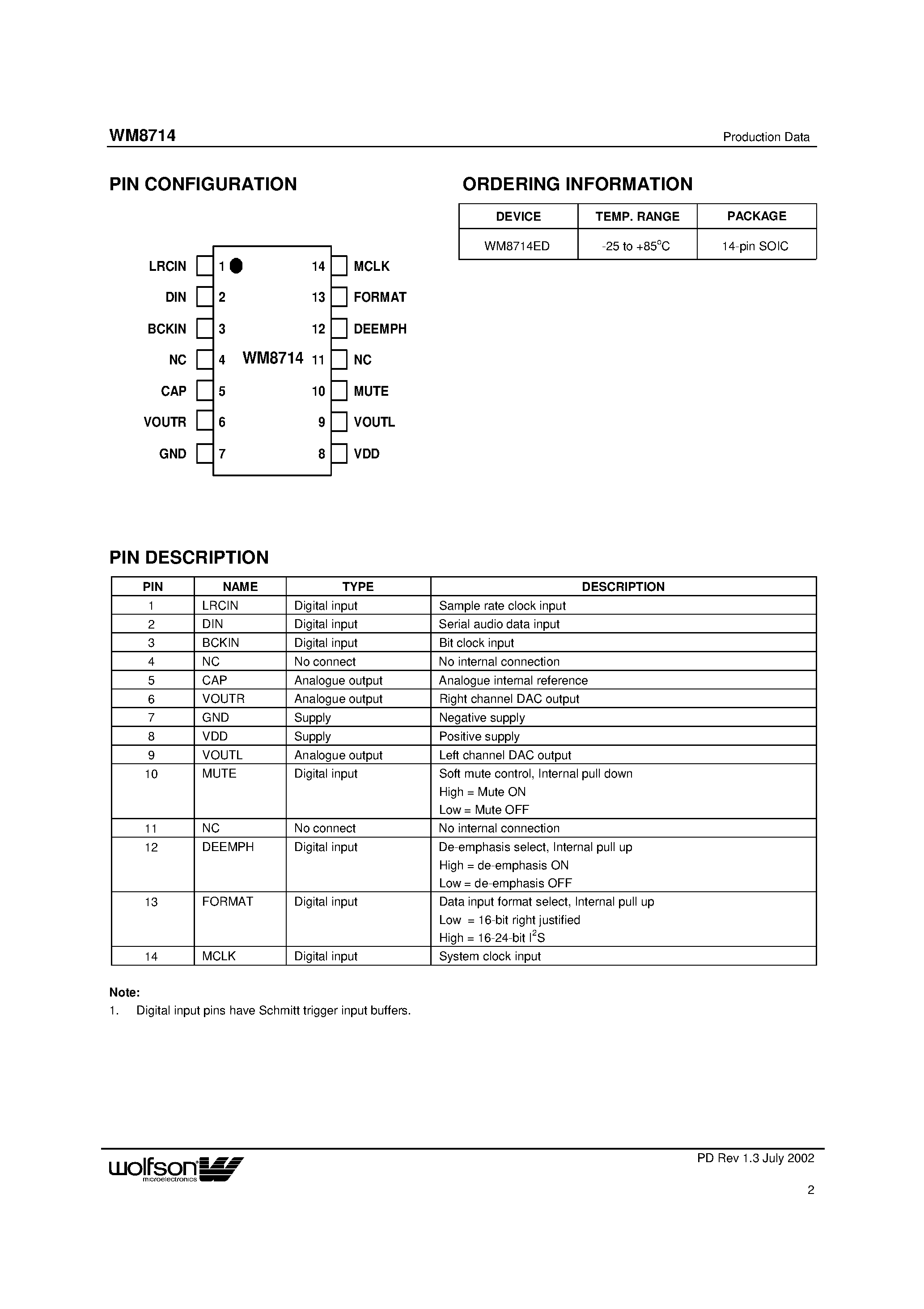 Datasheet WM8714 page 2 Datasheet WM8714 - 24 Bit / 96 Khz Stereo DAC page 2