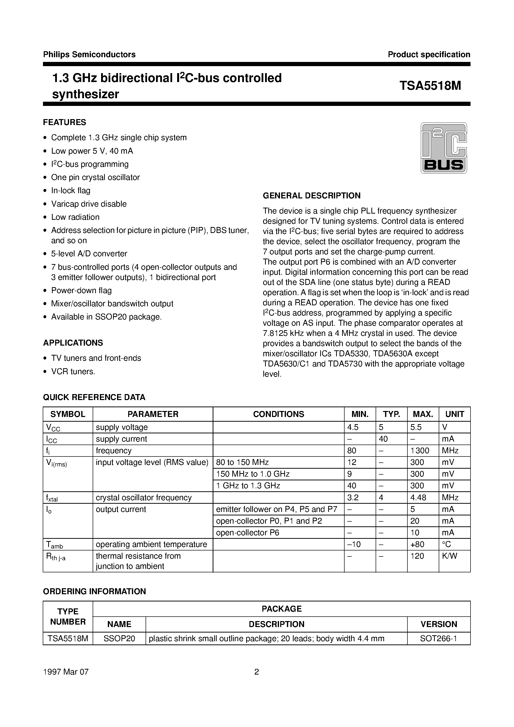 Datasheet TSA5518M page 2 Datasheet TSA5518M - 1.3 GHz bidirectional I2C-bus controlled synthesizer page 2