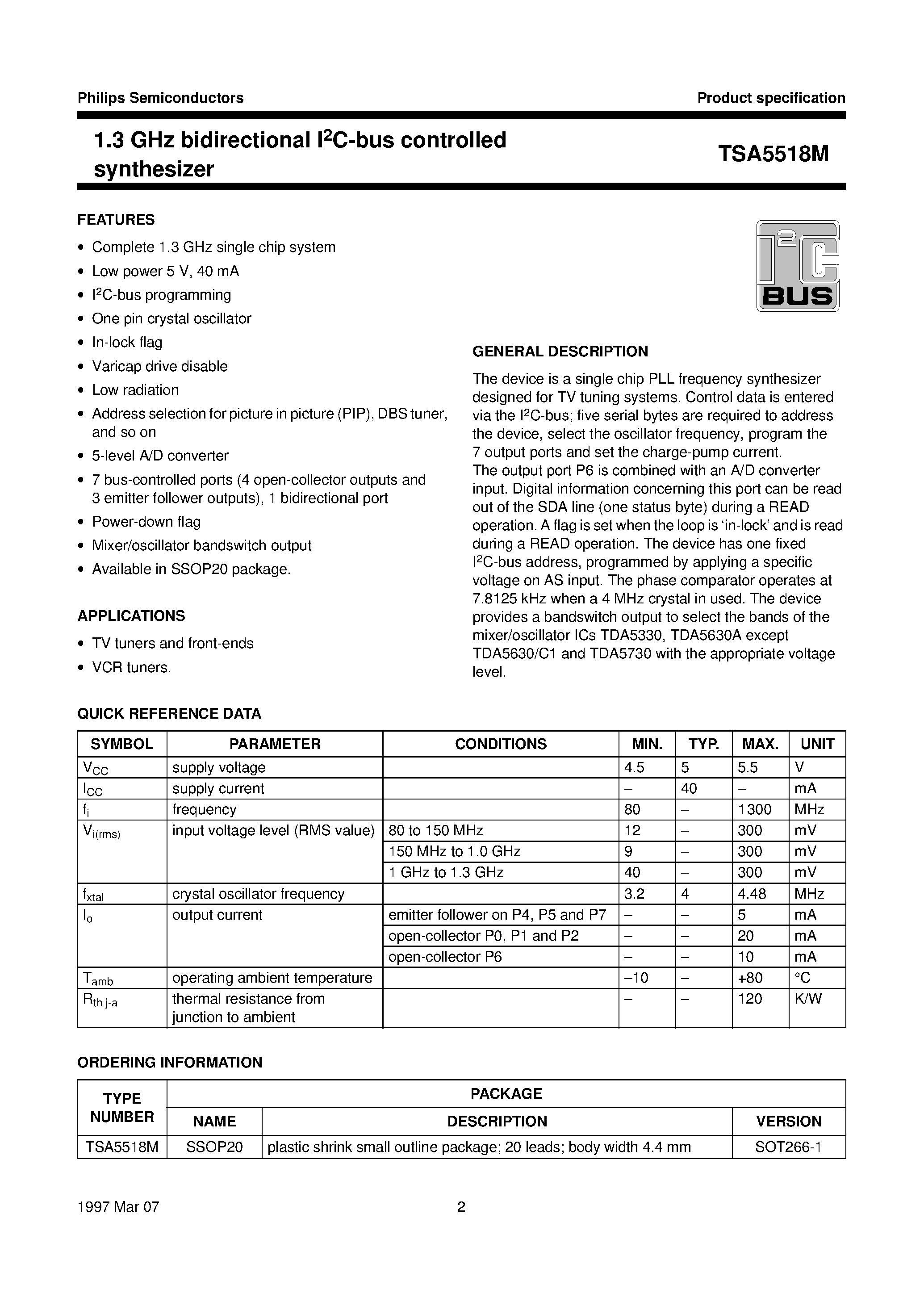 Datasheet TSA5518M - 1.3 GHz bidirectional I2C-bus controlled synthesizer page 2