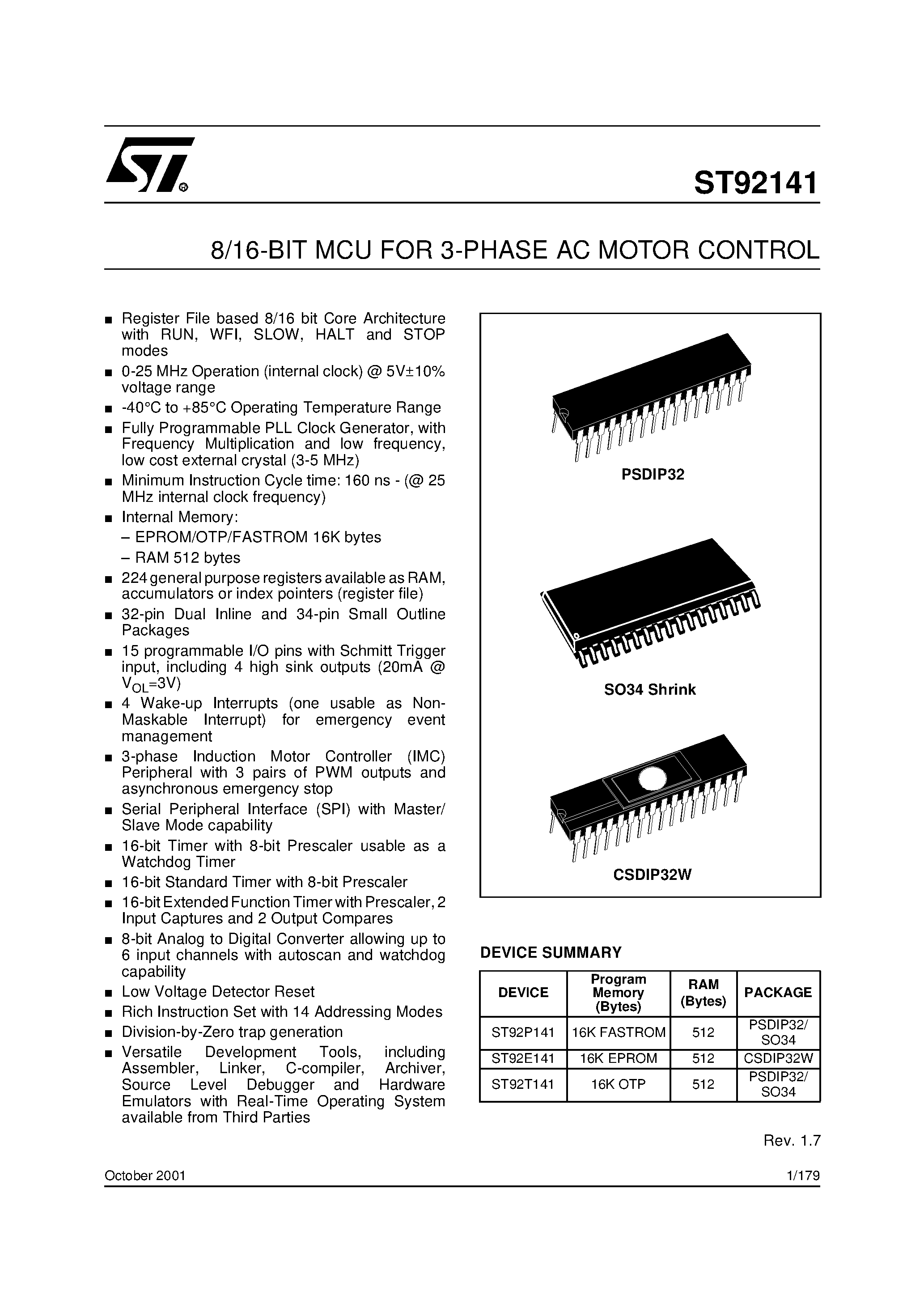 Datasheet ST92T141 - 8/16-BIT MCU FOR 3-PHASE AC MOTOR CONTROL page 1