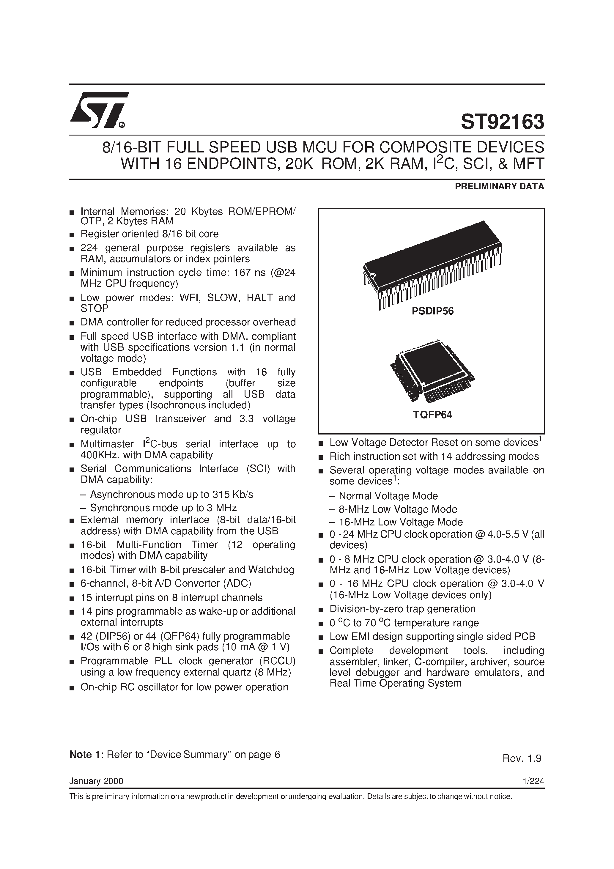 Datasheet ST92T163 - 8/16-BIT FULL SPEED USB MCU FOR COMPOSITE DEVICES WITH 16 ENDPOINTS page 1