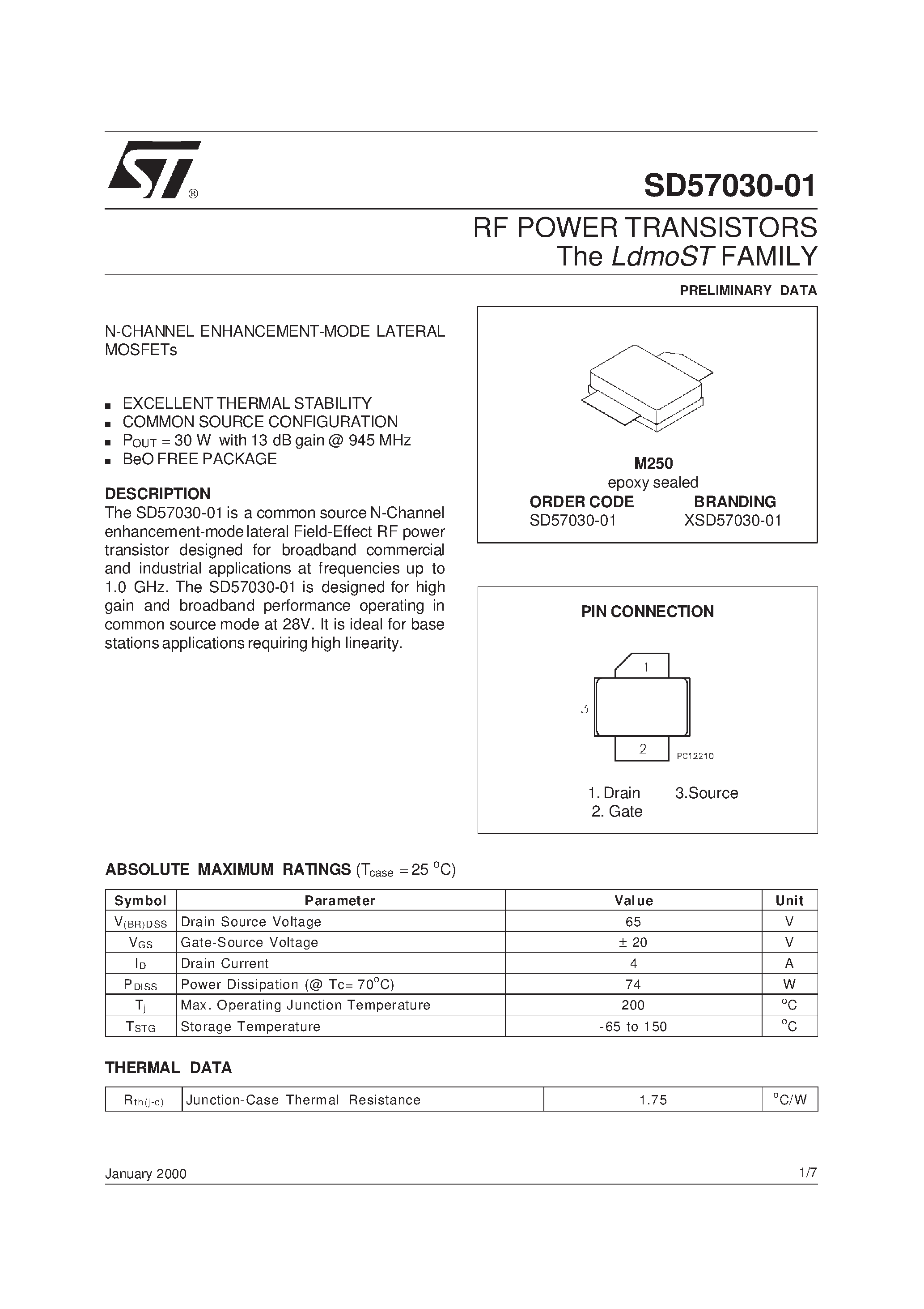Datasheet SD57030-01 - RF POWER TRANSISTORS The LdmoSTFAMILY page 1
