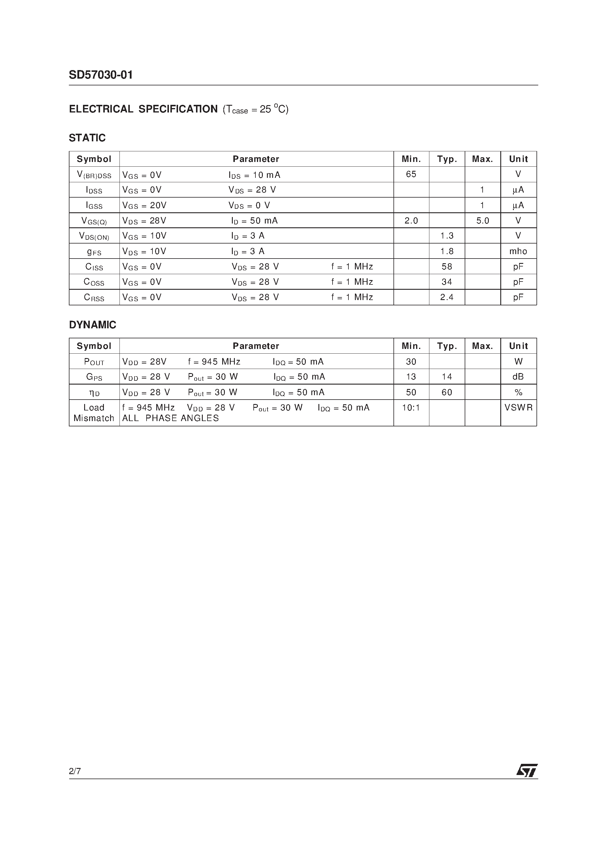 Datasheet SD57030-01 - RF POWER TRANSISTORS The LdmoSTFAMILY page 2