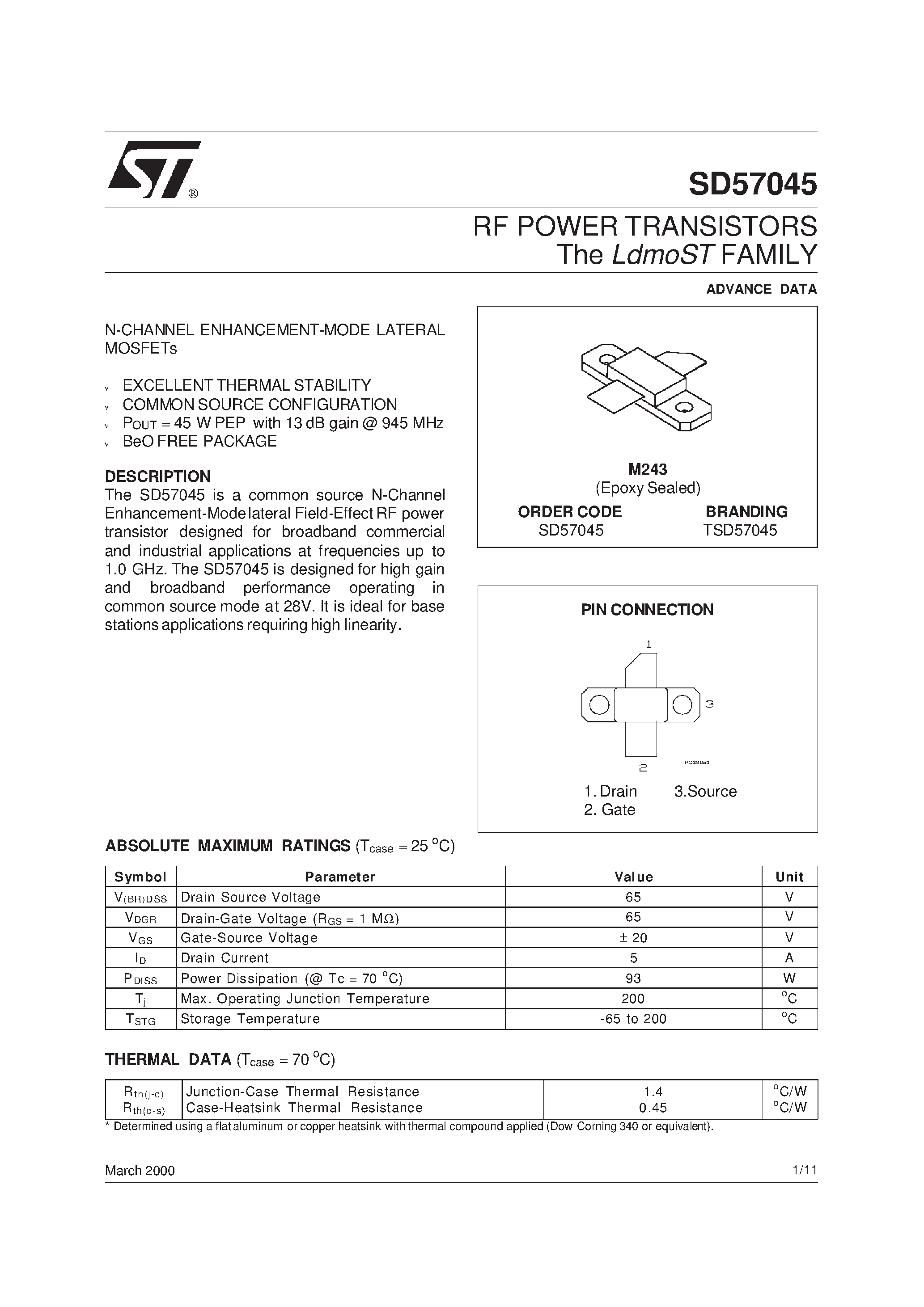 Datasheet SD57045 - RF POWER TRANSISTORS The LdmoSTFAMILY page 1