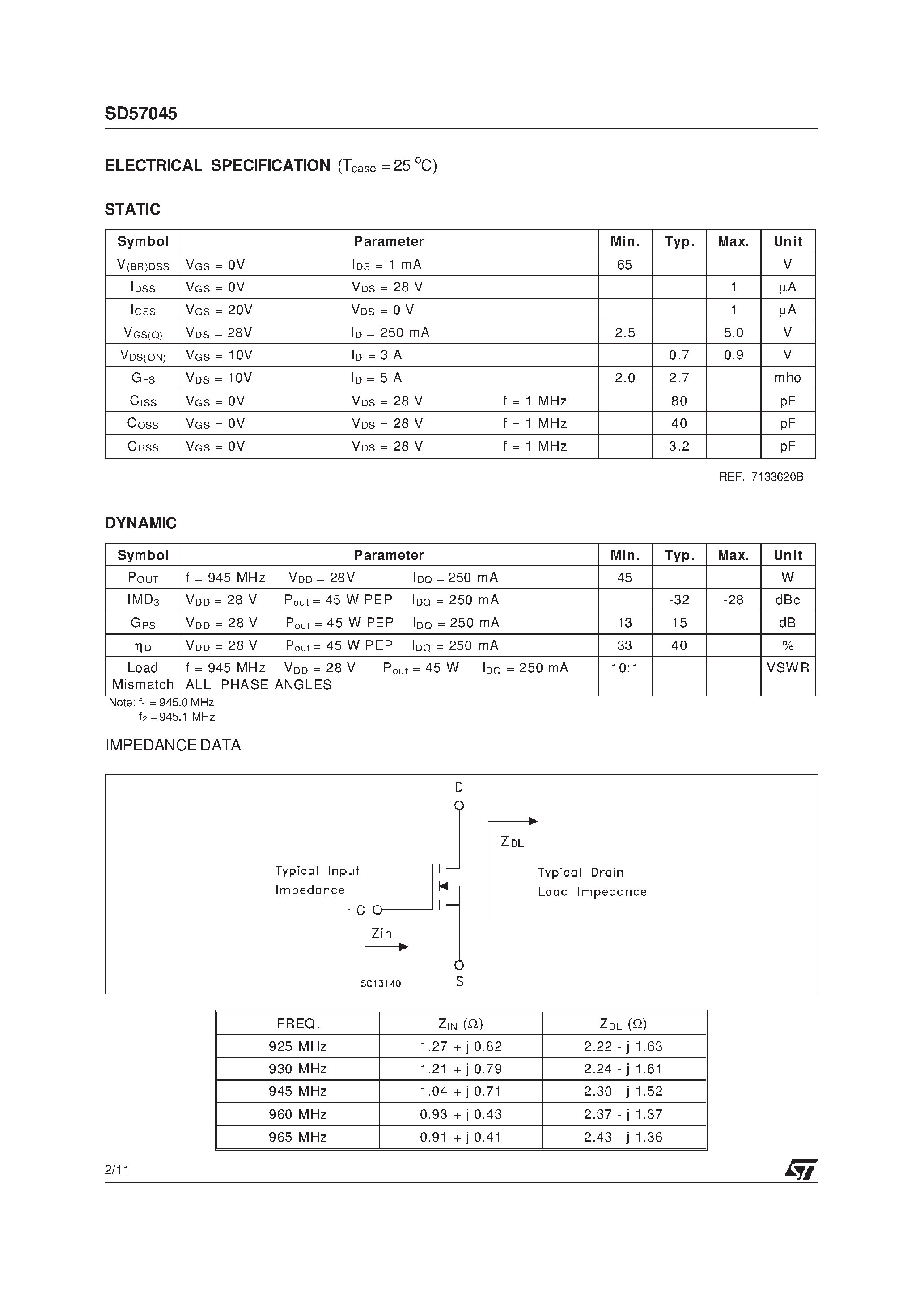 Datasheet SD57045 - RF POWER TRANSISTORS The LdmoSTFAMILY page 2