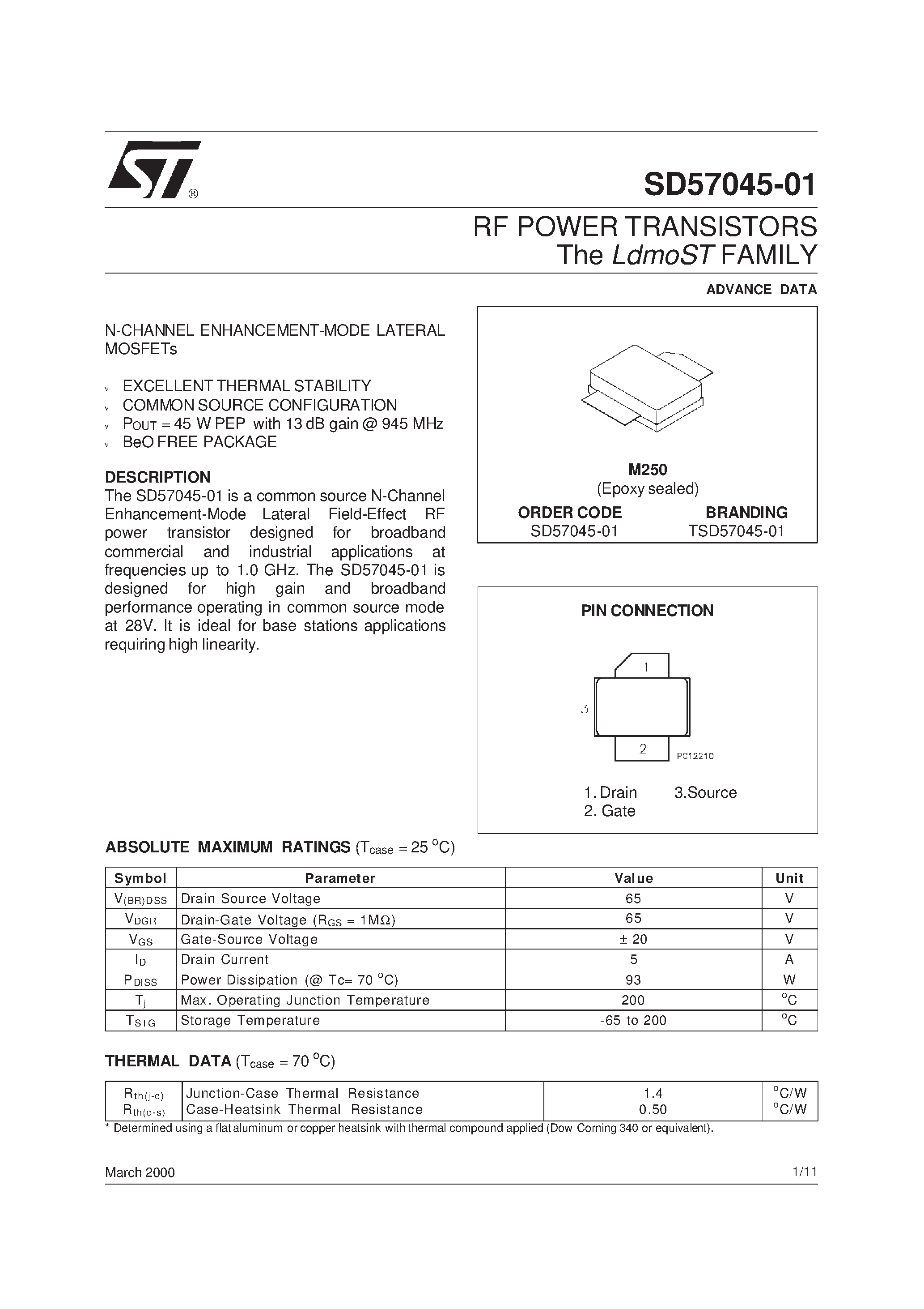 Datasheet SD57045-01 - RF POWER TRANSISTORS The LdmoSTFAMILY page 1