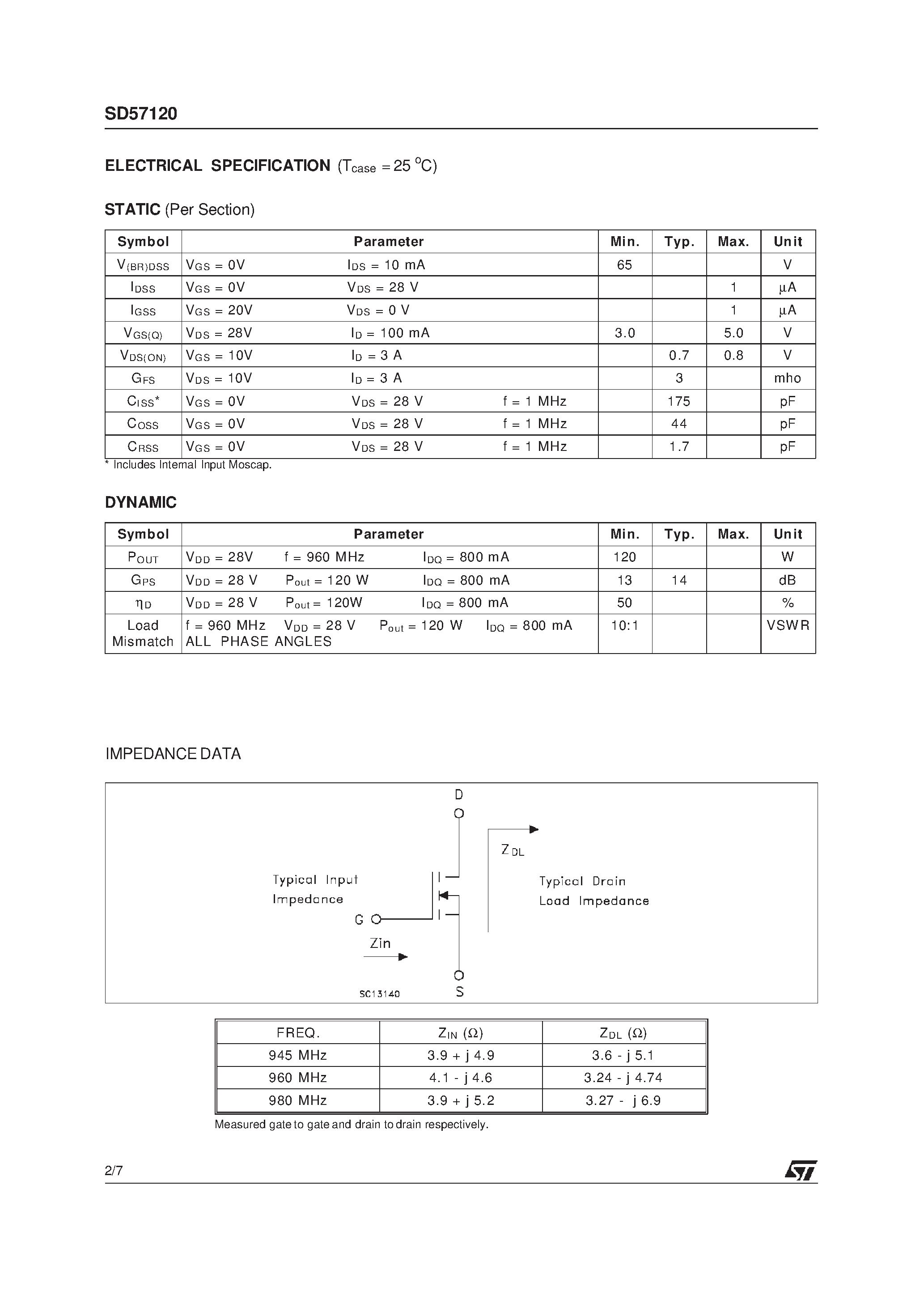 Datasheet SD57120 - RF POWER TRANSISTORS The LdmoSTFAMILY page 2