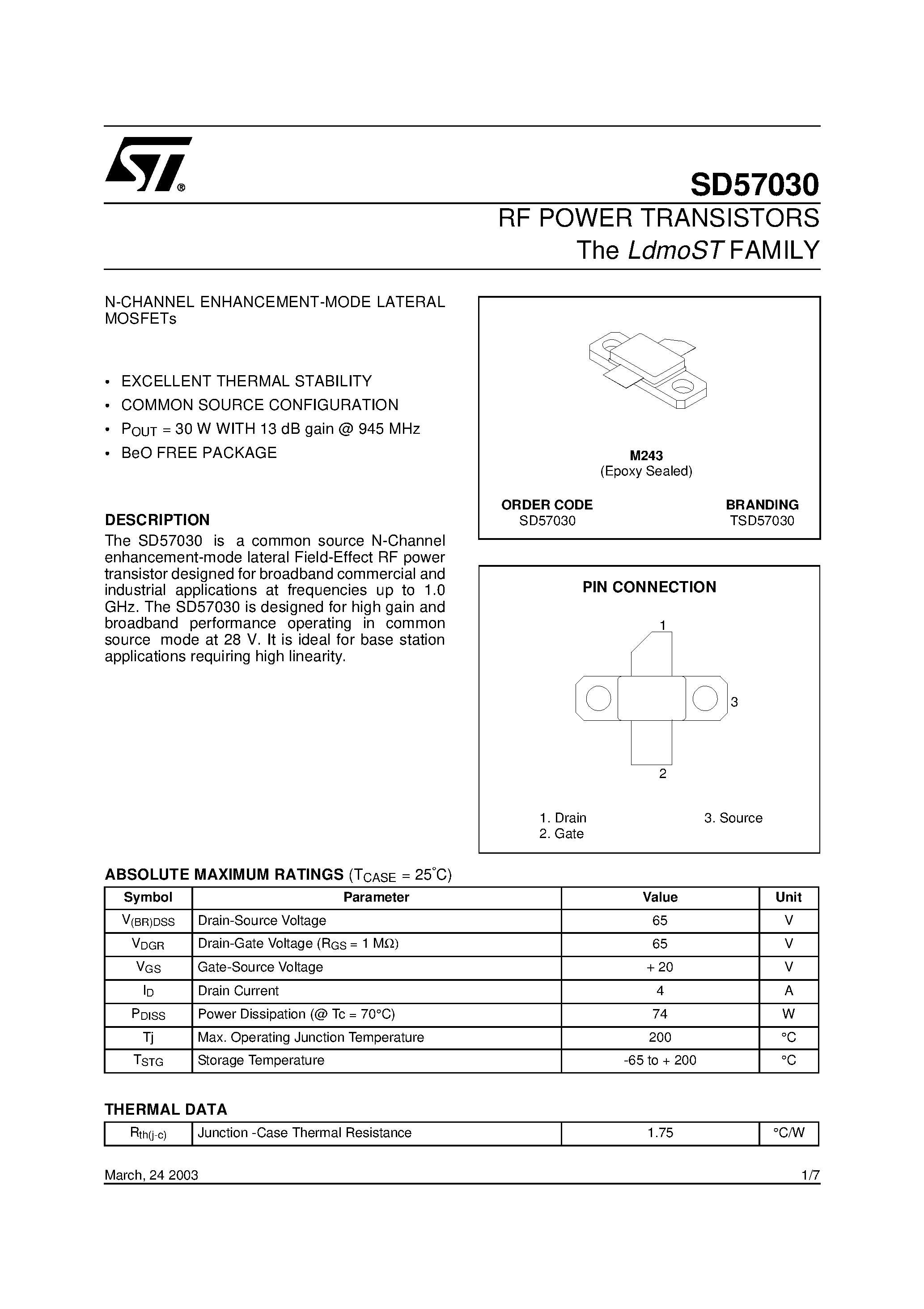 Datasheet SD57030 - RF POWER TRANSISTORS The LdmoSTFAMILY page 1