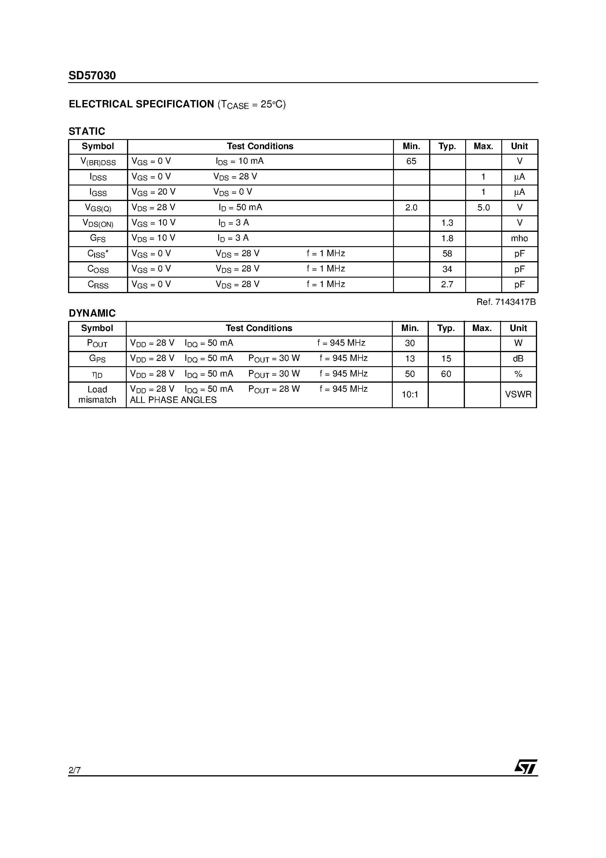 Datasheet SD57030 - RF POWER TRANSISTORS The LdmoSTFAMILY page 2