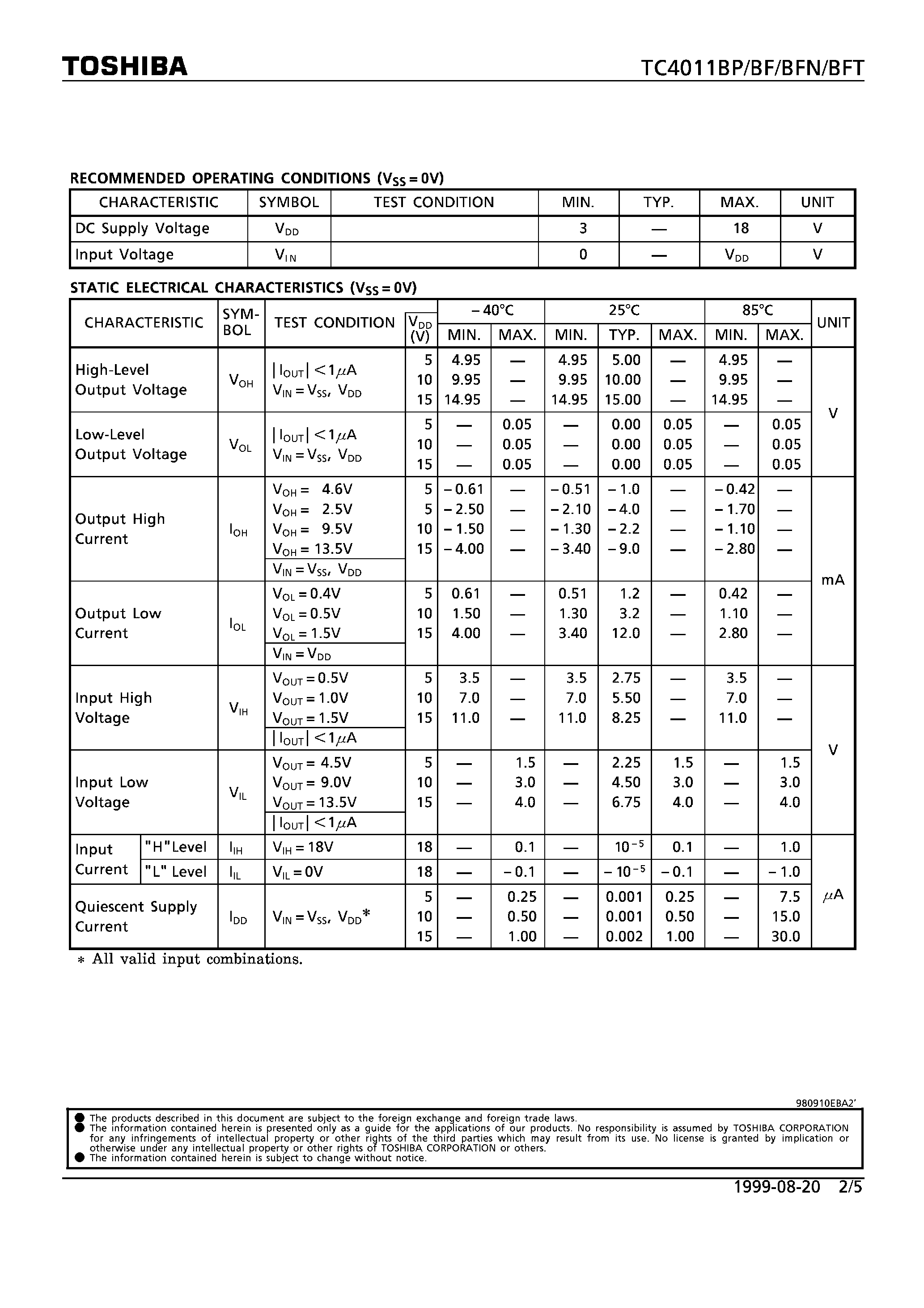 Datasheet TC4011 page 2 Datasheet TC4011 - QUAD 2 INPUT NAND GATE page 2