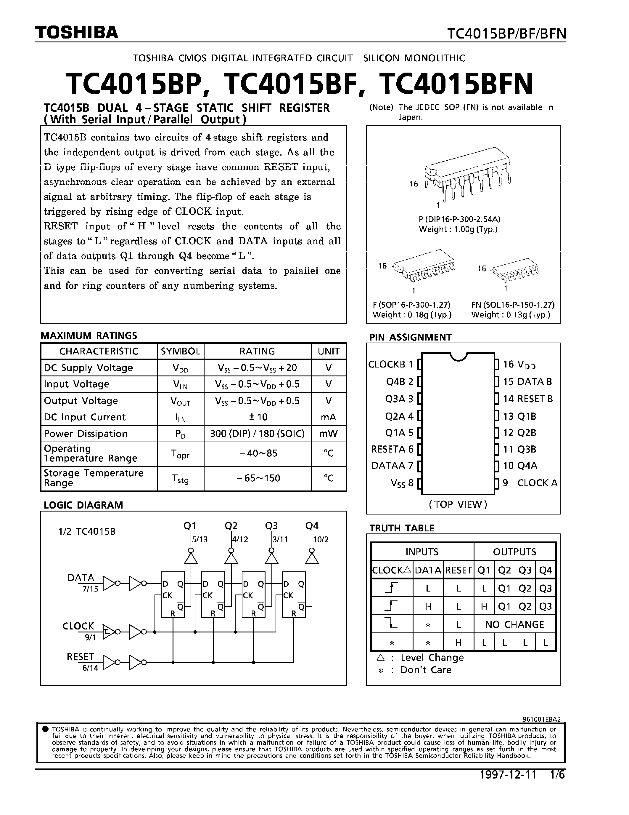 Datasheet TC4015 page 1 Datasheet TC4015 - DUAL 4-STAGE STATIC SHIFT REGISTER page 1