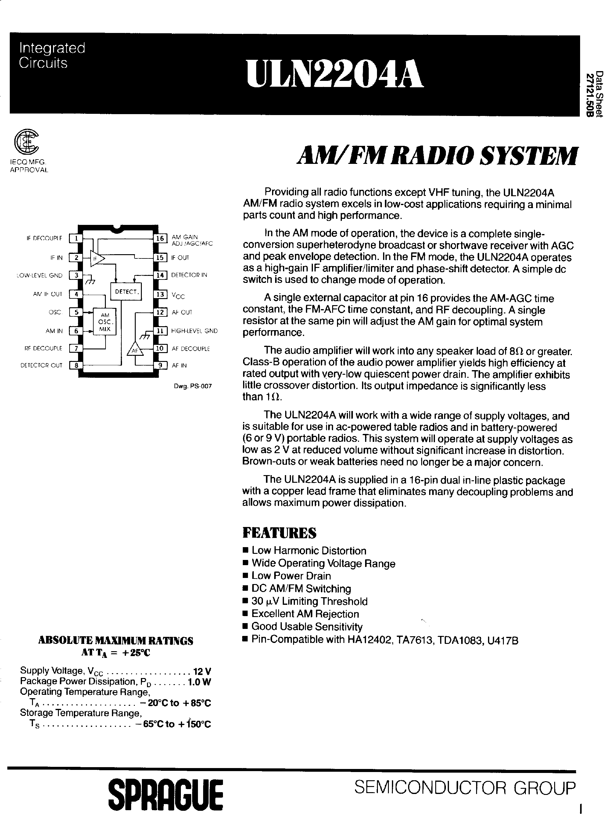 Даташит ULN2204A - IF-Tuning-Signal Processing Circuit - 1.40 - 1.75V AM/2.20 - 2.65V FM out страница 1