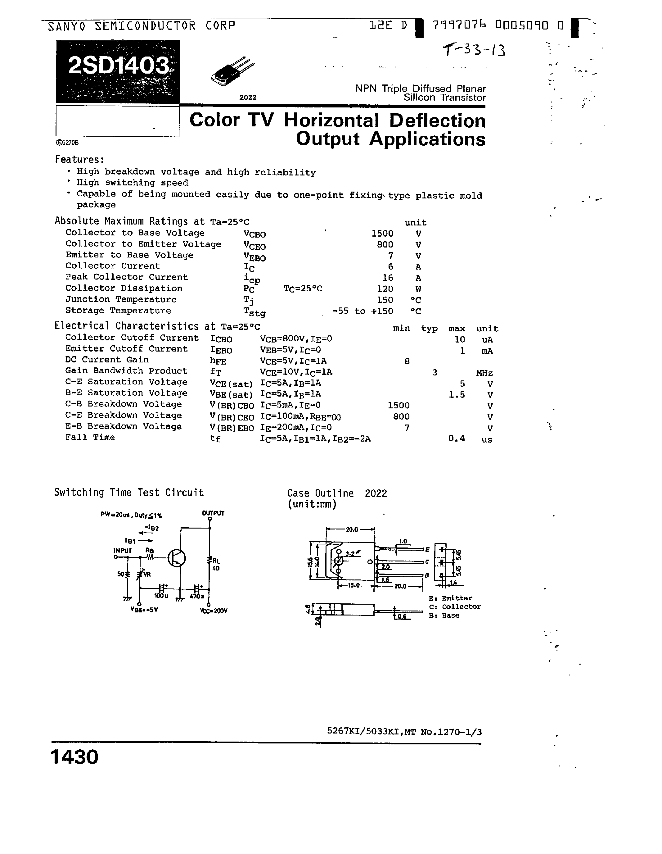 Datasheet 2SD1403 - Color TV Horizontal Deflection Output Applications page 1