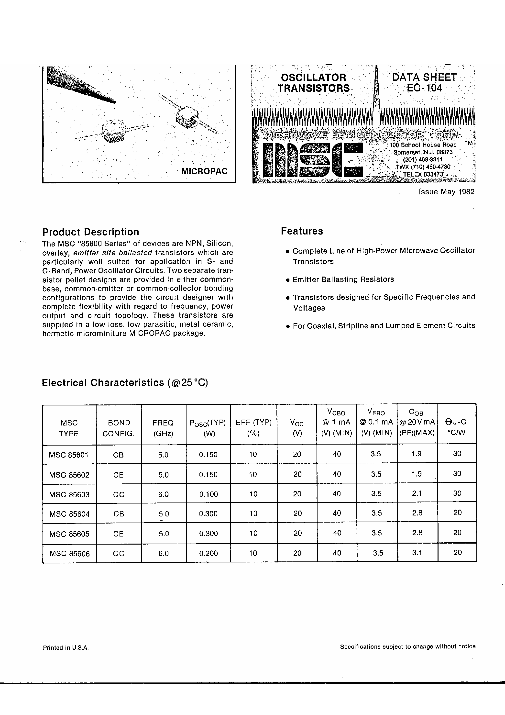 Datasheet MSC8560x - Oscillator Transistors page 1