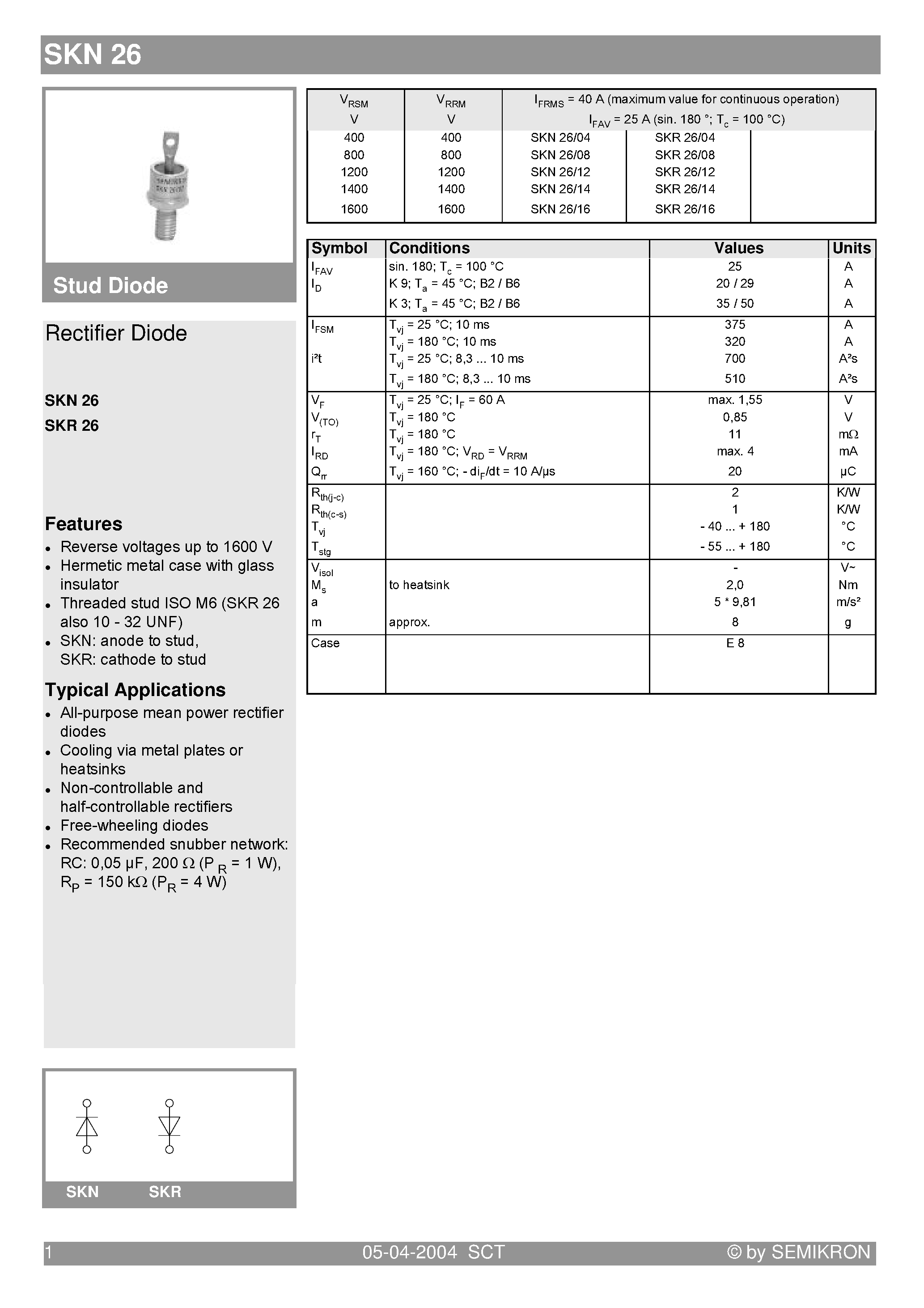 Datasheet SKN26 page 1 Datasheet SKN26 - Silicon Rectifier - SKN = Anode to stud page 1