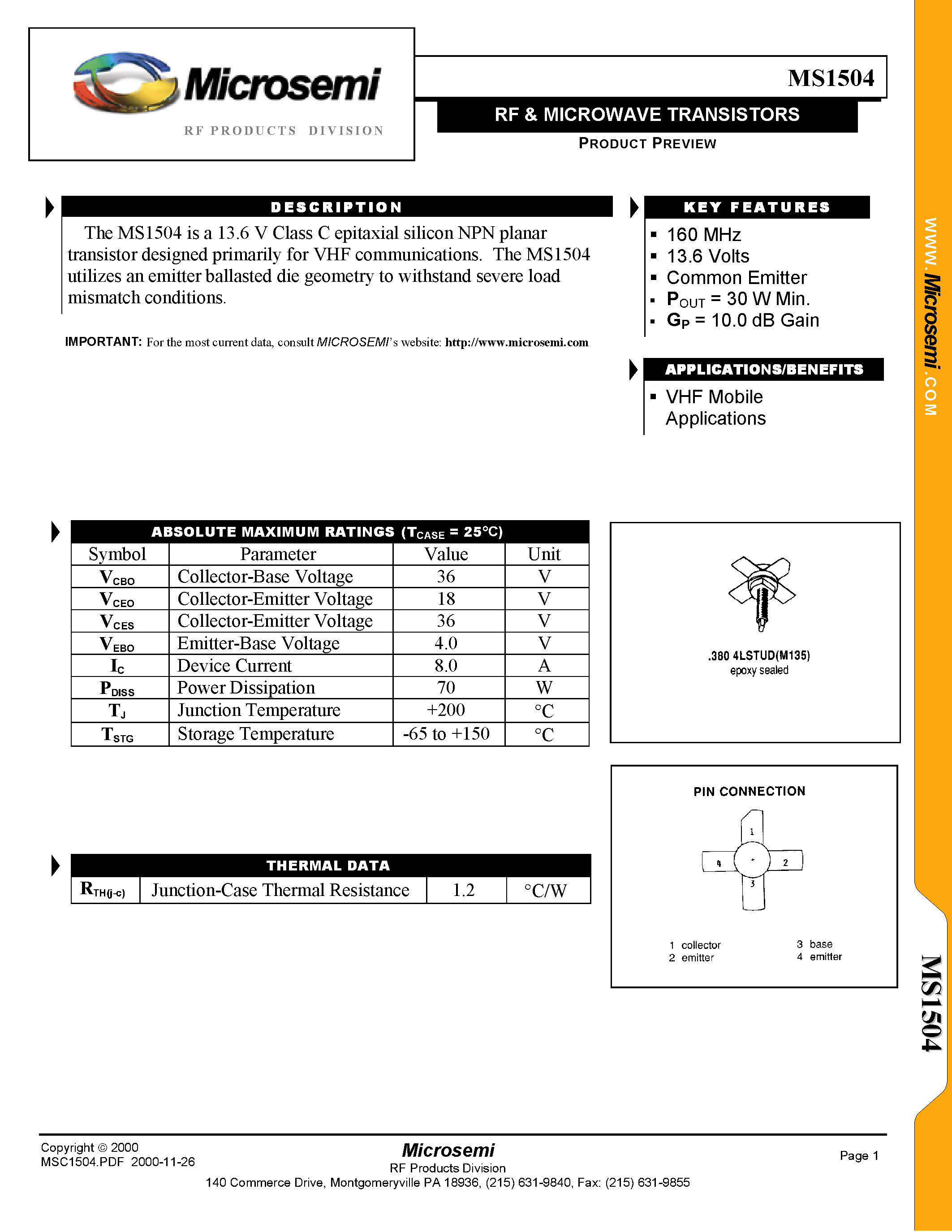 Datasheet MS1504 - RF & MICROWAVE TRANSISTORS page 1