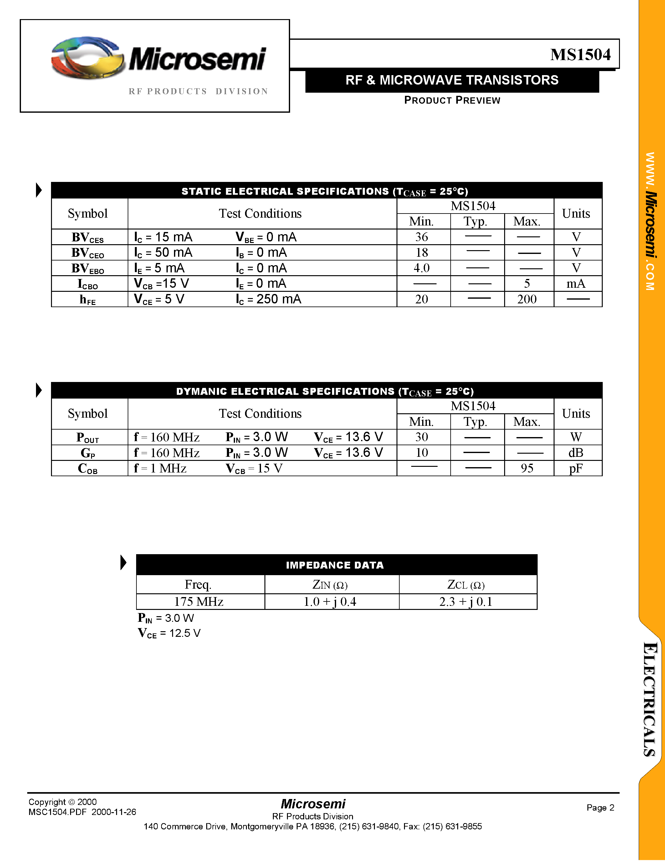 Datasheet MS1504 - RF & MICROWAVE TRANSISTORS page 2