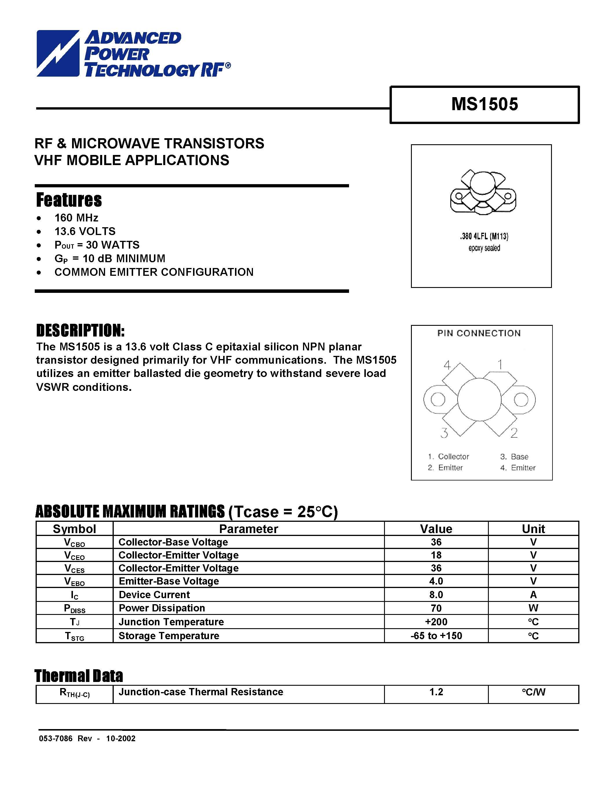 Datasheet MS1505 - RF & MICROWAVE TRANSISTORS VHF MOBILE APPLICATIONS page 1