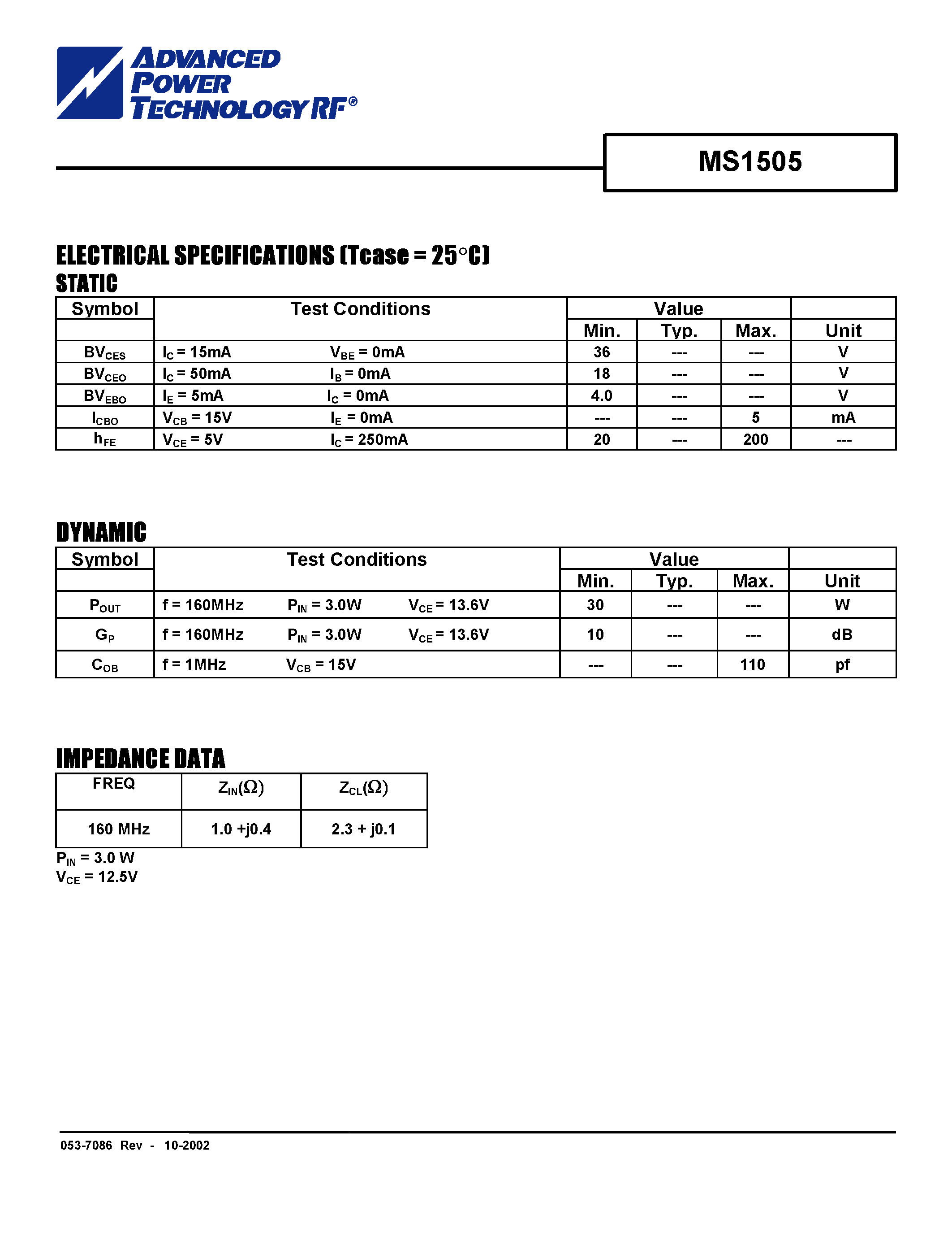 Datasheet MS1505 - RF & MICROWAVE TRANSISTORS VHF MOBILE APPLICATIONS page 2