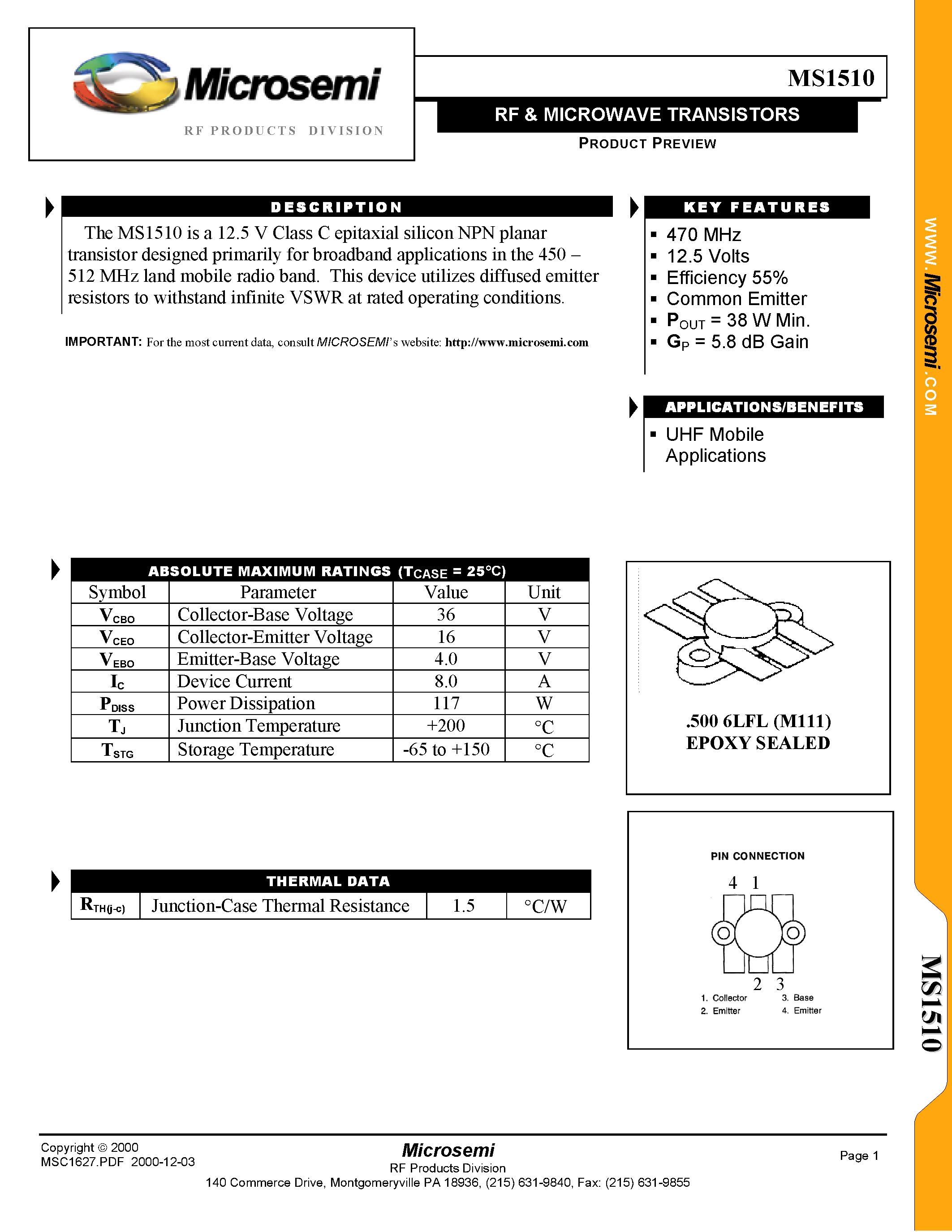 Datasheet MS1510 - RF & MICROWAVE TRANSISTORS page 1