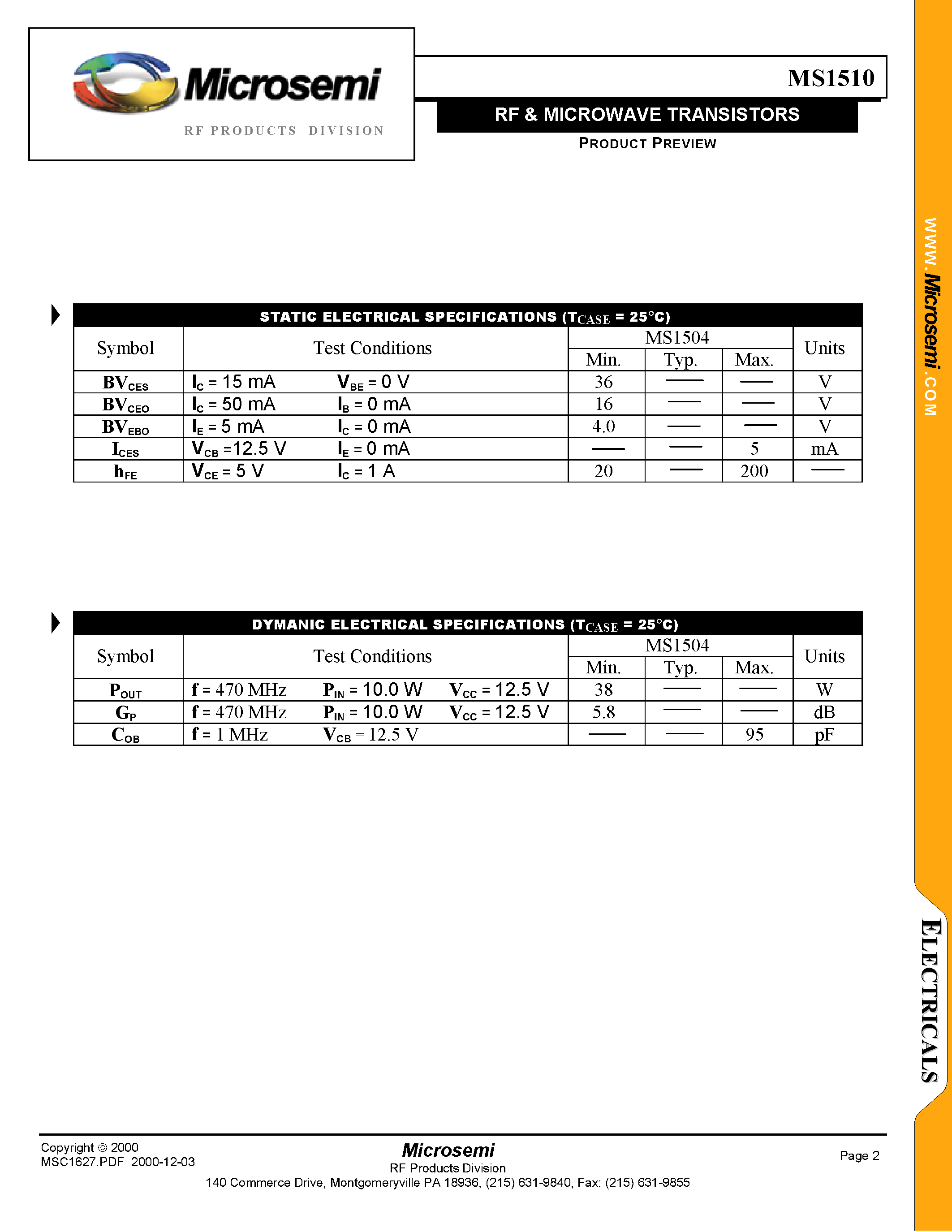 Datasheet MS1510 - RF & MICROWAVE TRANSISTORS page 2