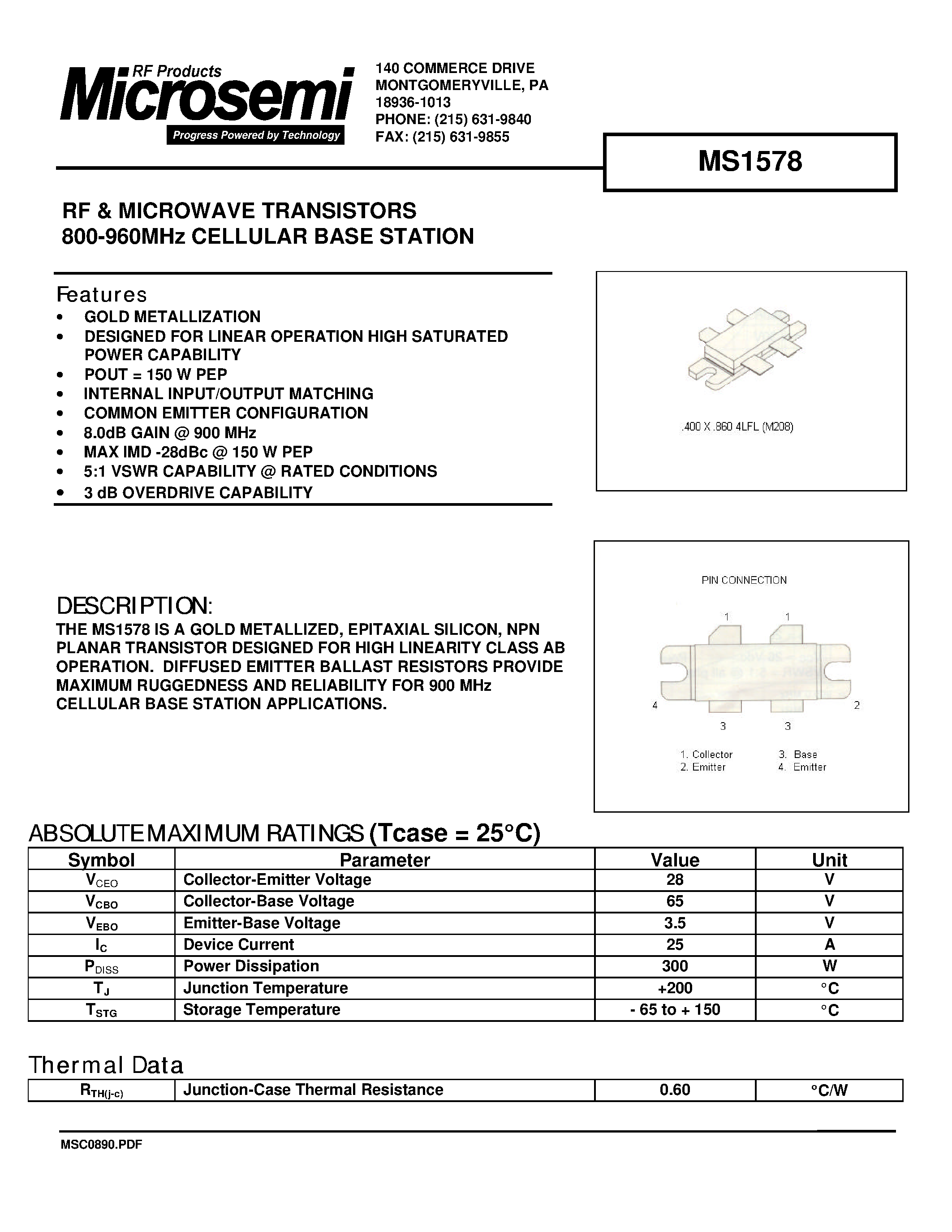 Datasheet MS1578 - RF & MICROWAVE TRANSISTORS 800-960MHz CELLULAR BASE STATION page 1