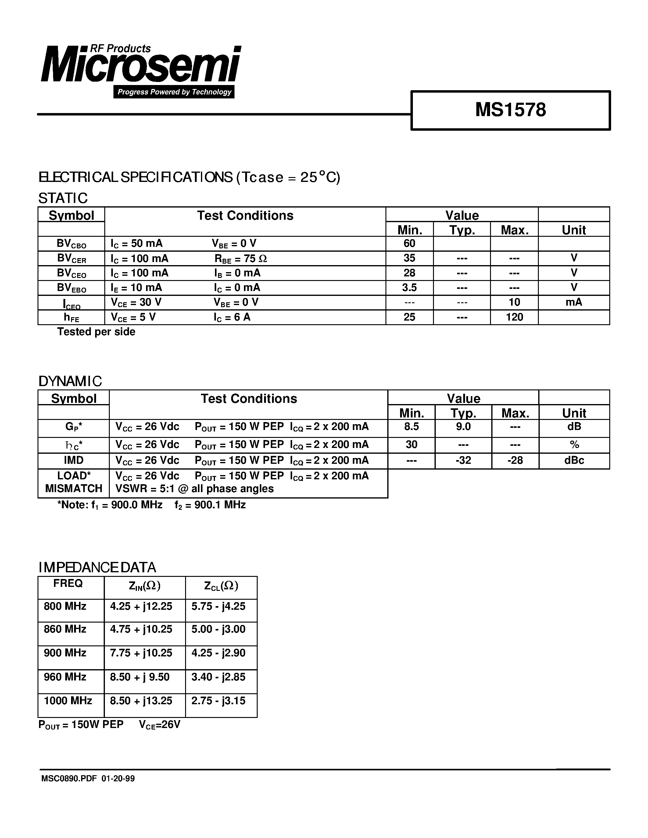 Datasheet MS1578 - RF & MICROWAVE TRANSISTORS 800-960MHz CELLULAR BASE STATION page 2