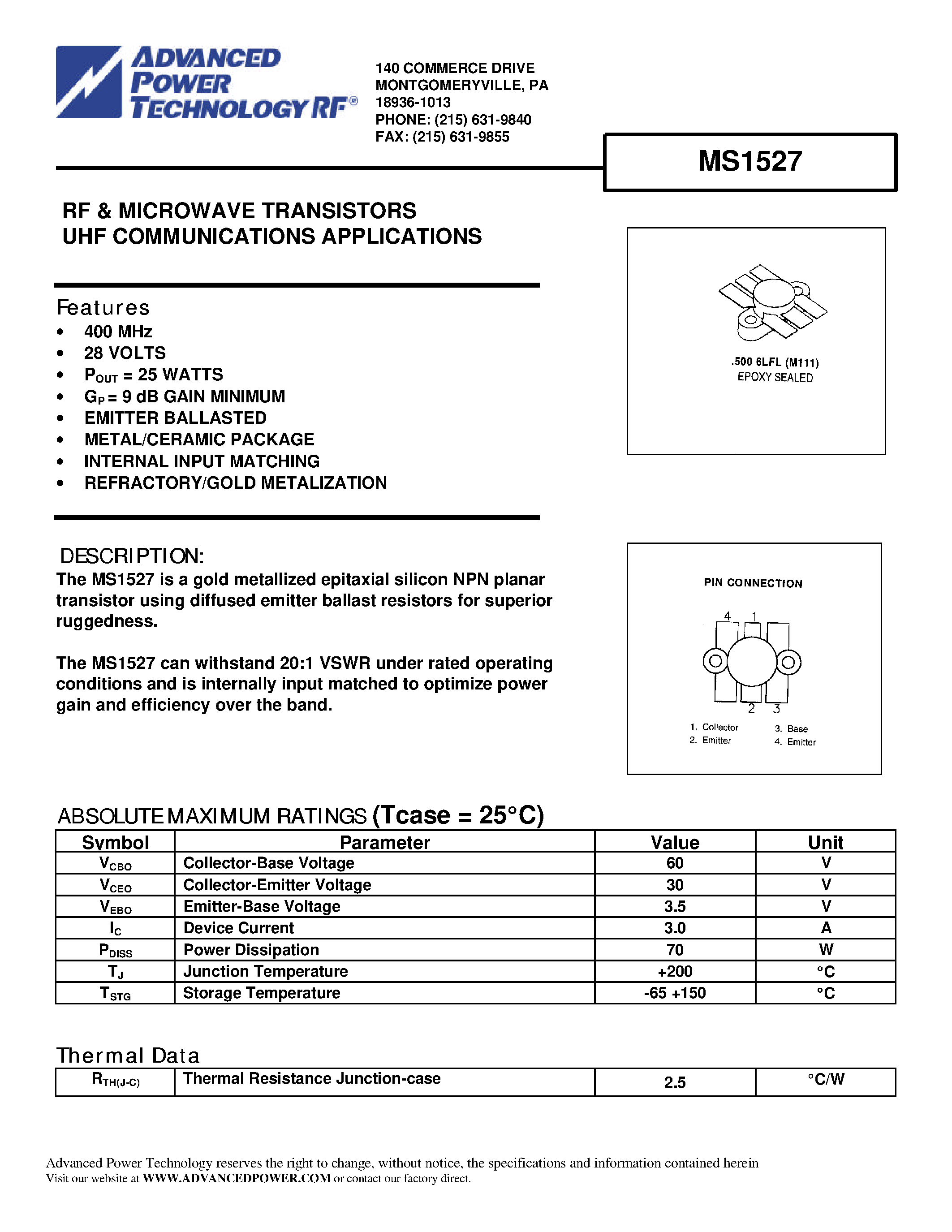 Datasheet MS1527 - RF & MICROWAVE TRANSISTORS page 1