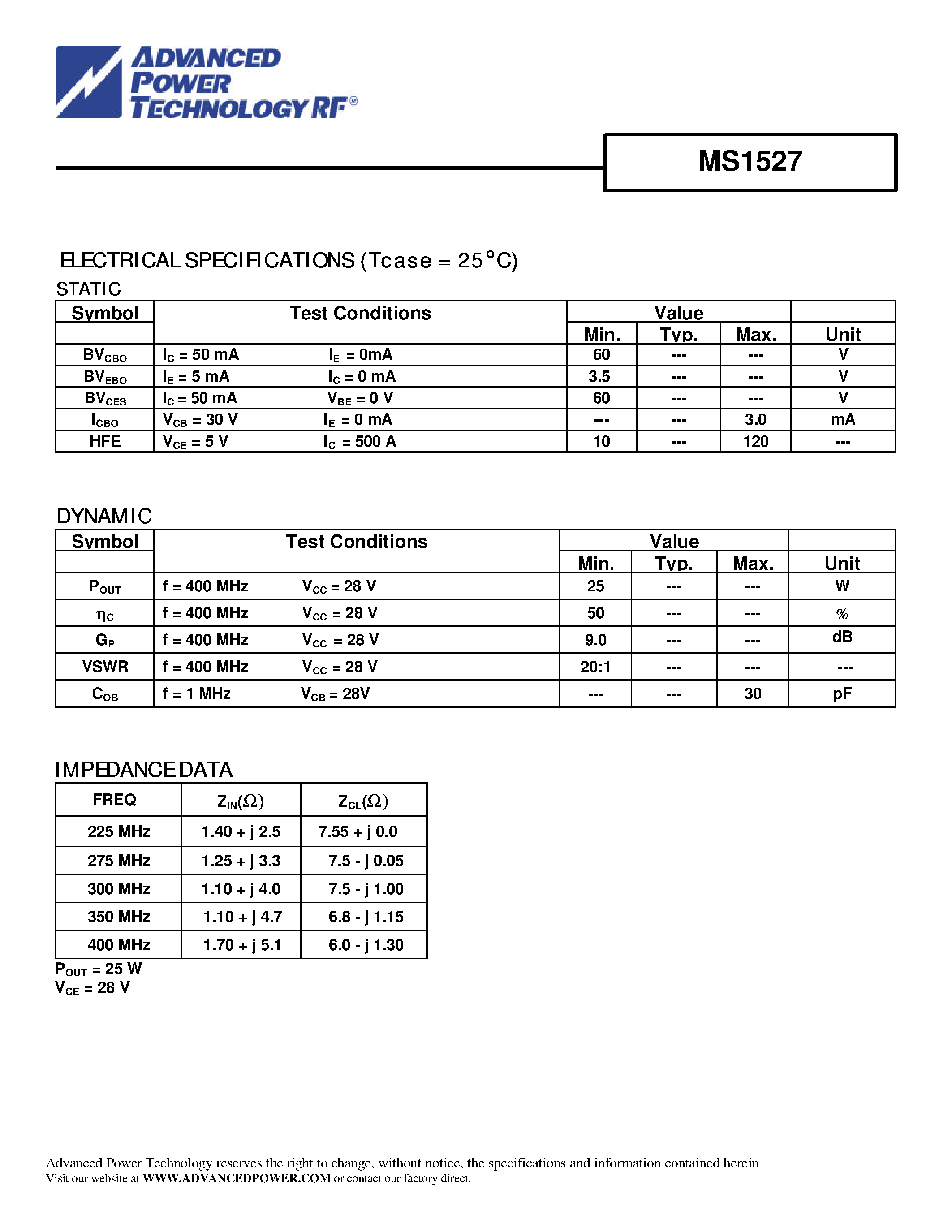 Datasheet MS1527 - RF & MICROWAVE TRANSISTORS page 2
