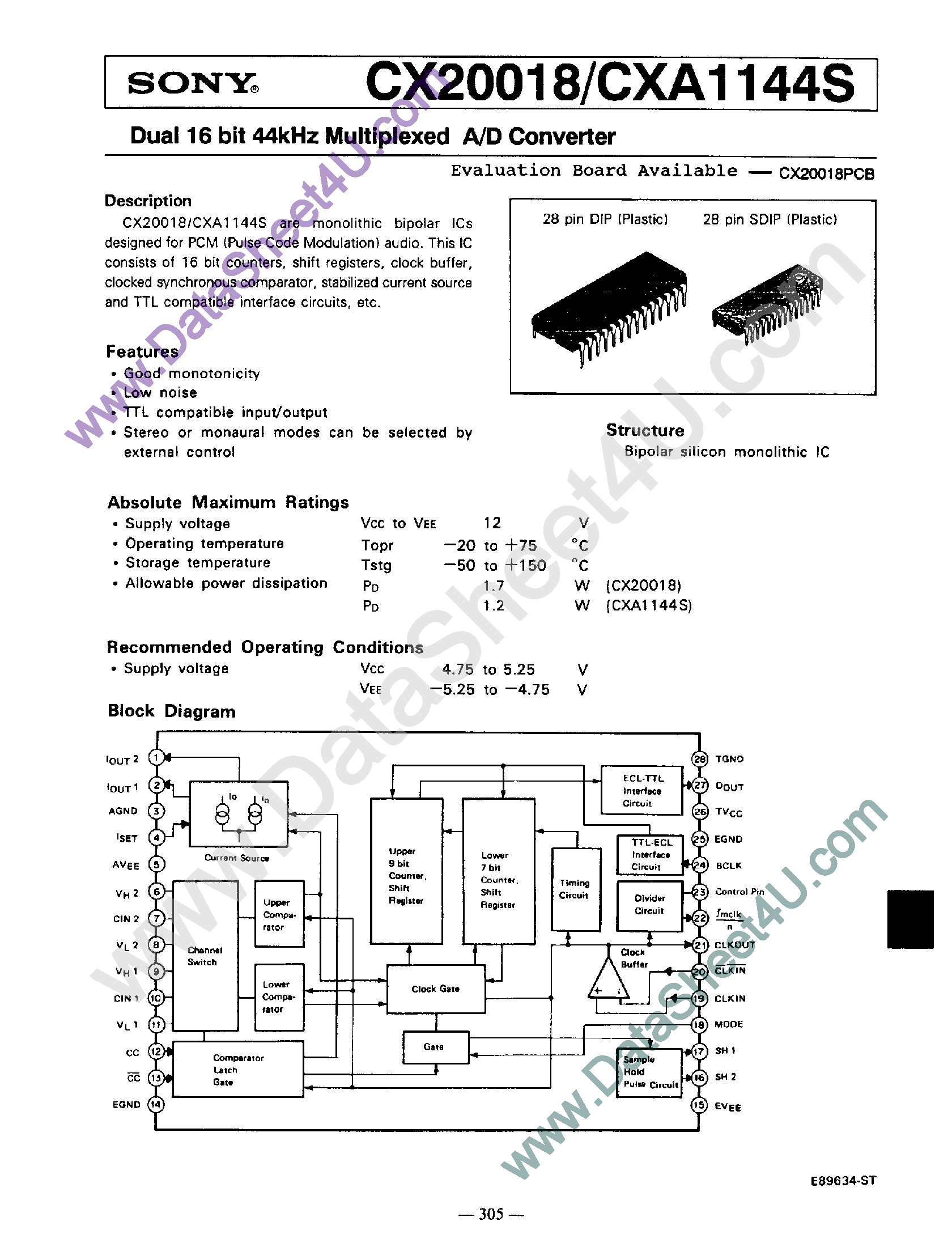 Даташит CX20018 - Dual 16 Bit 44kHz Multiplexed A/D Converter страница 1