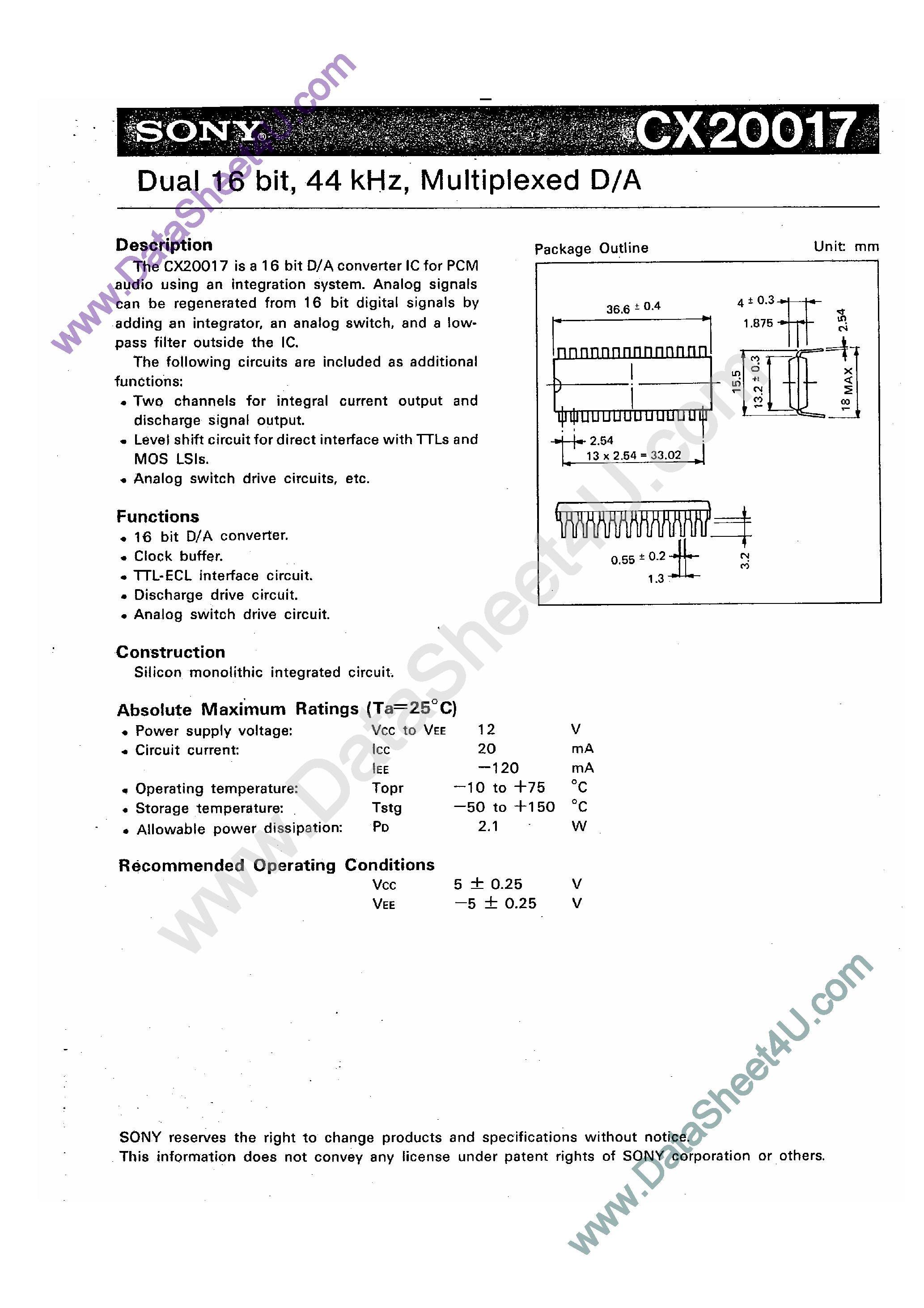 Даташит CX20017 - Dual 16 Bit 44kHz Multiplexed D/A страница 1