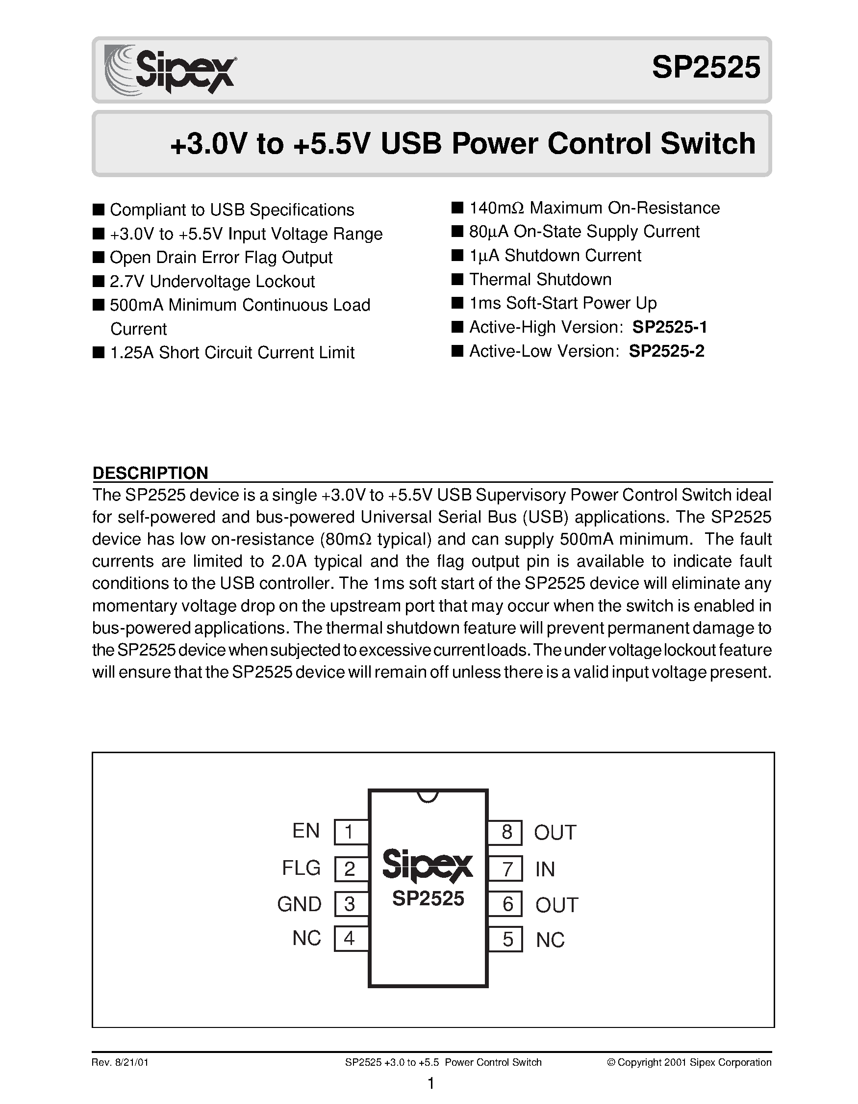 Datasheet SP2525 - +3.0V to +5.5V USB Power Control Switch page 1