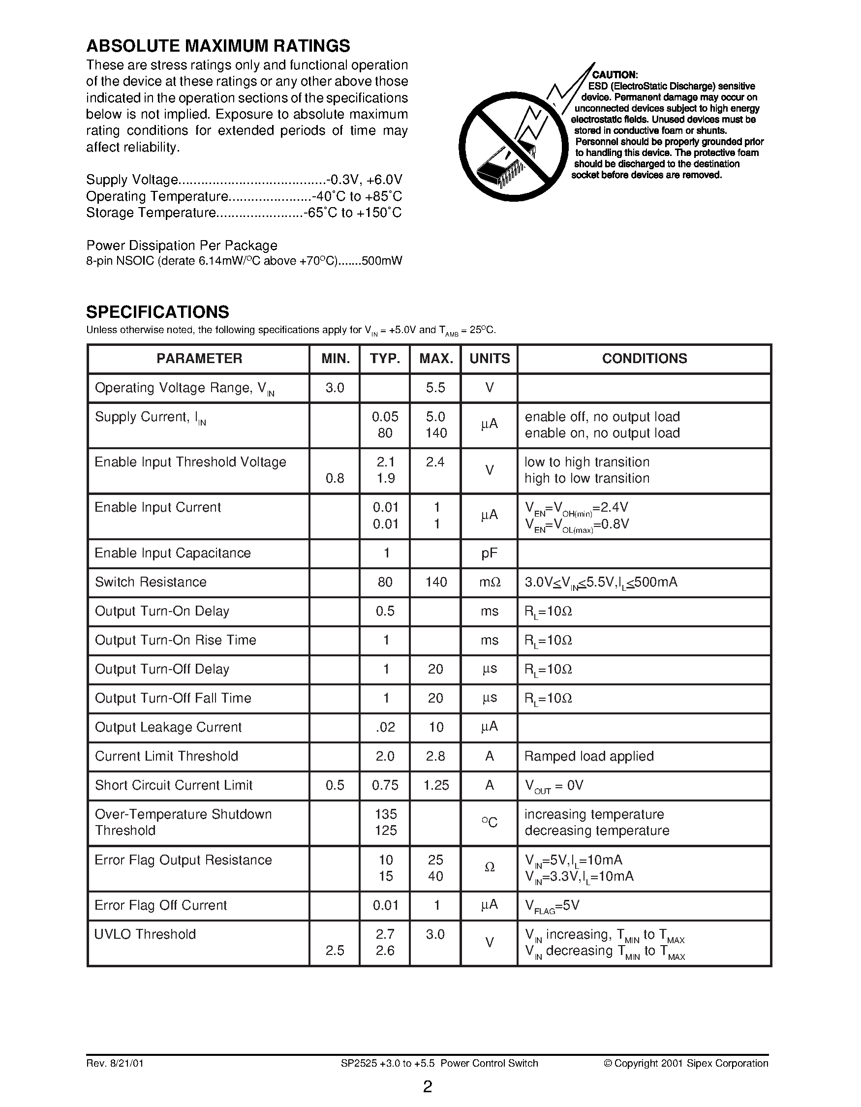 Datasheet SP2525-1EN - +3.0V to +5.5V USB Power Control Switch page 2
