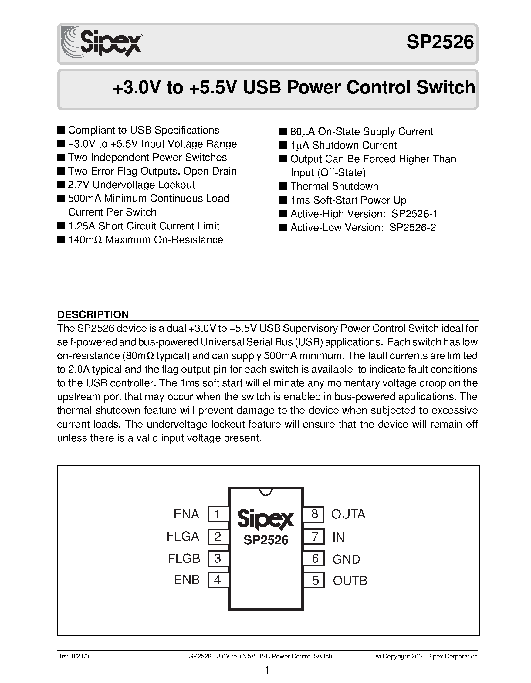 Datasheet SP2526 - +3.0V to +5.5V USB Power Control Switch page 1